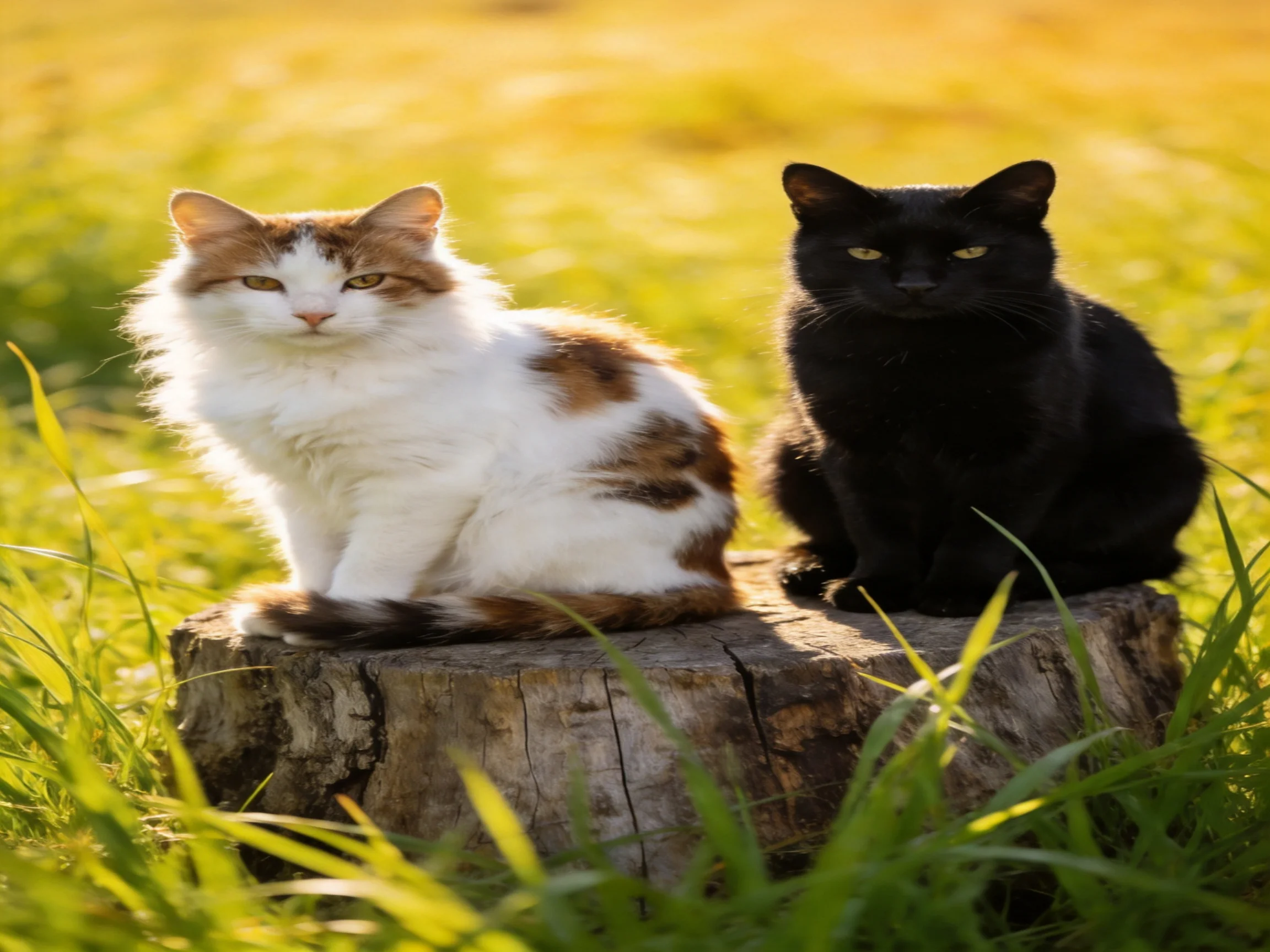 Two cats sit together on a tree stump in a sunlit outdoor setting.