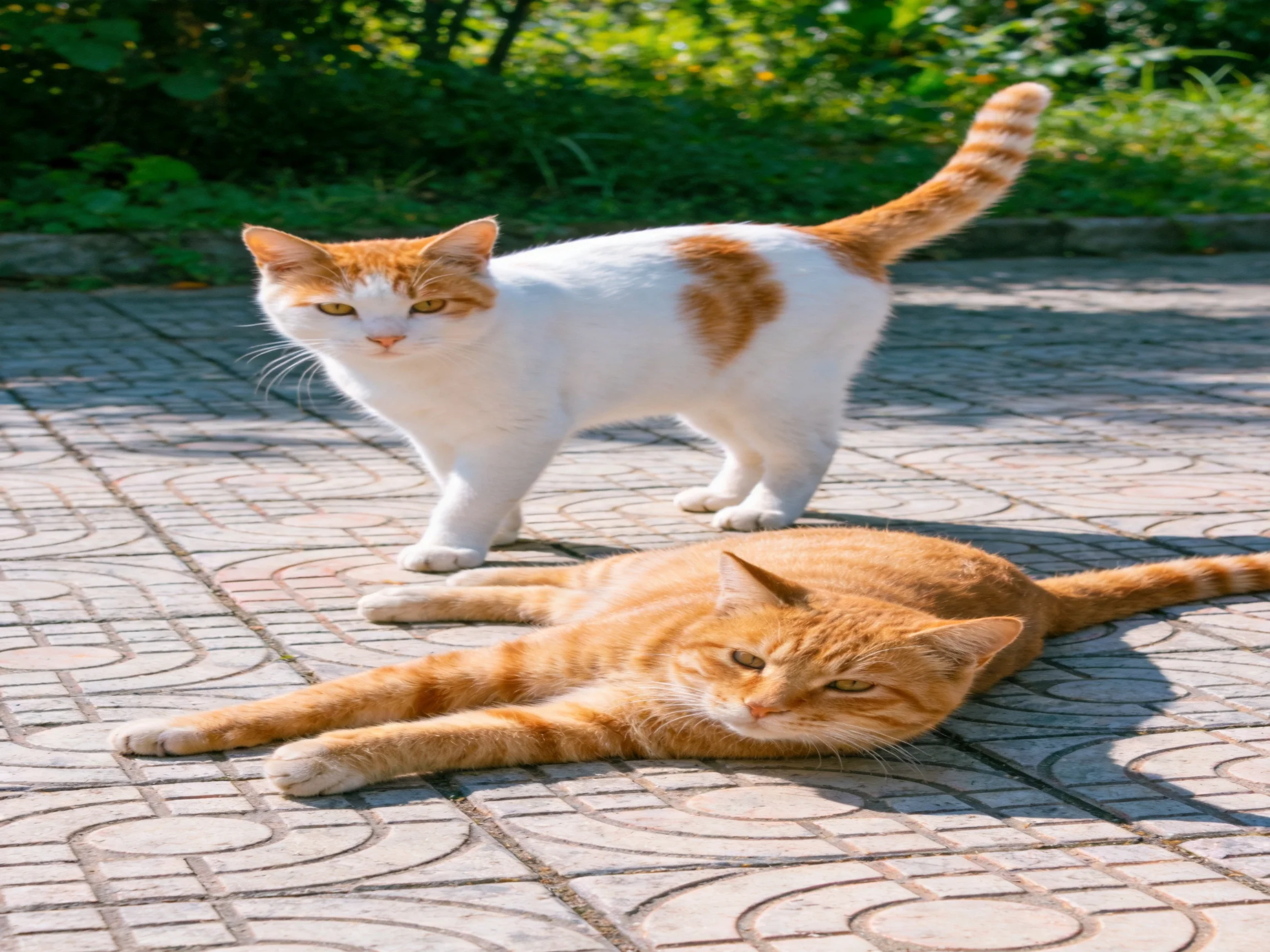 Two cats, one white-orange standing, one orange lying, on patterned pavement