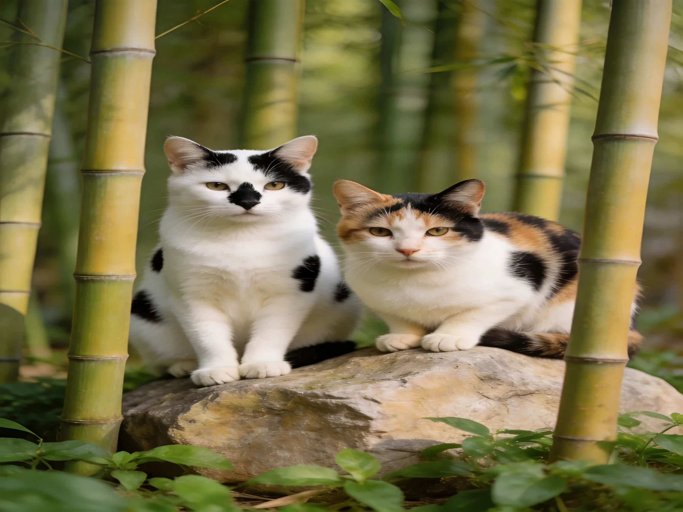 Two cats, one white with black patches, one calico, sit on a large rock among tall green bamboo.