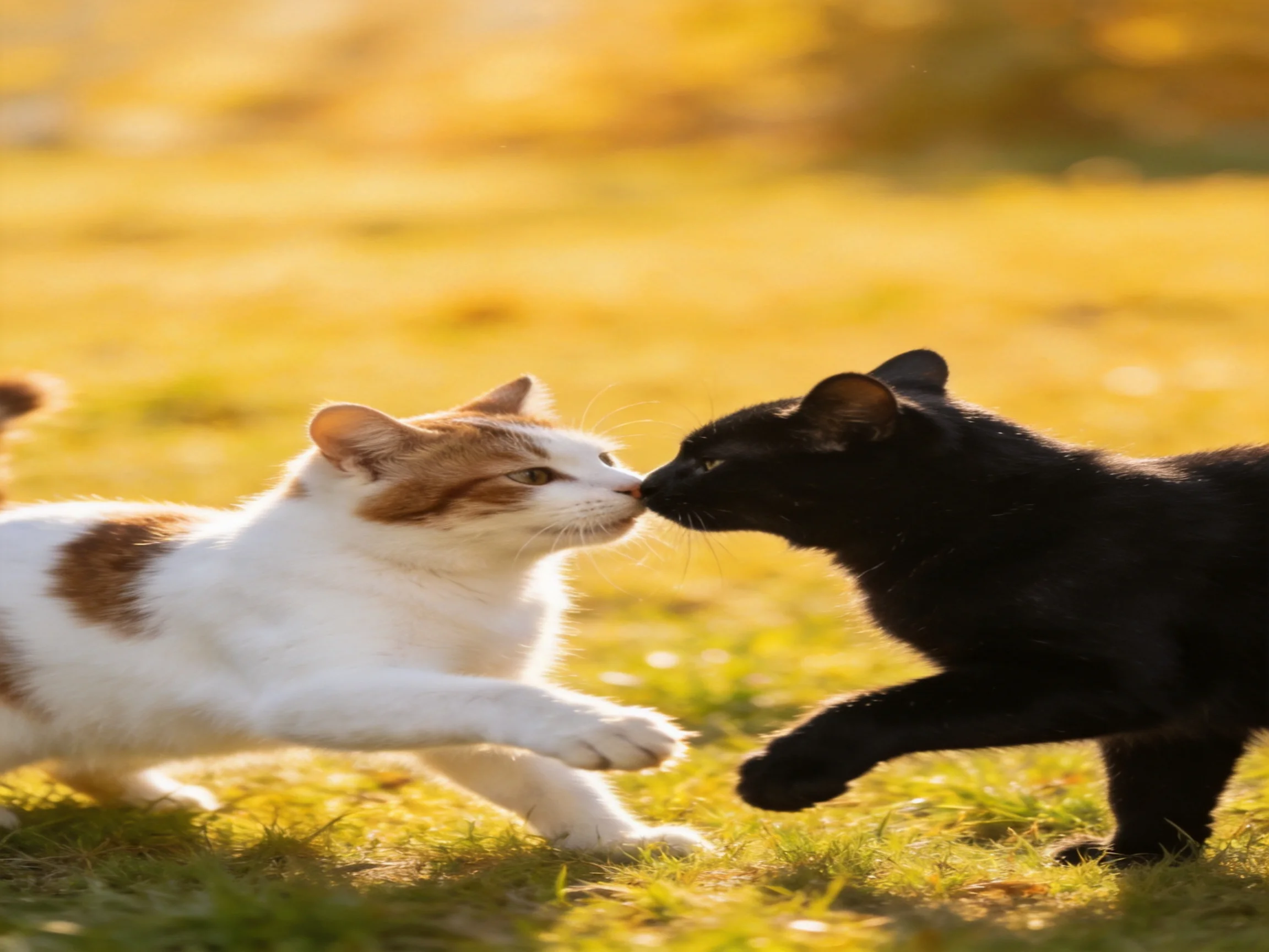 A white cat with brown patches and a black cat interact closely on a sunlit lawn.