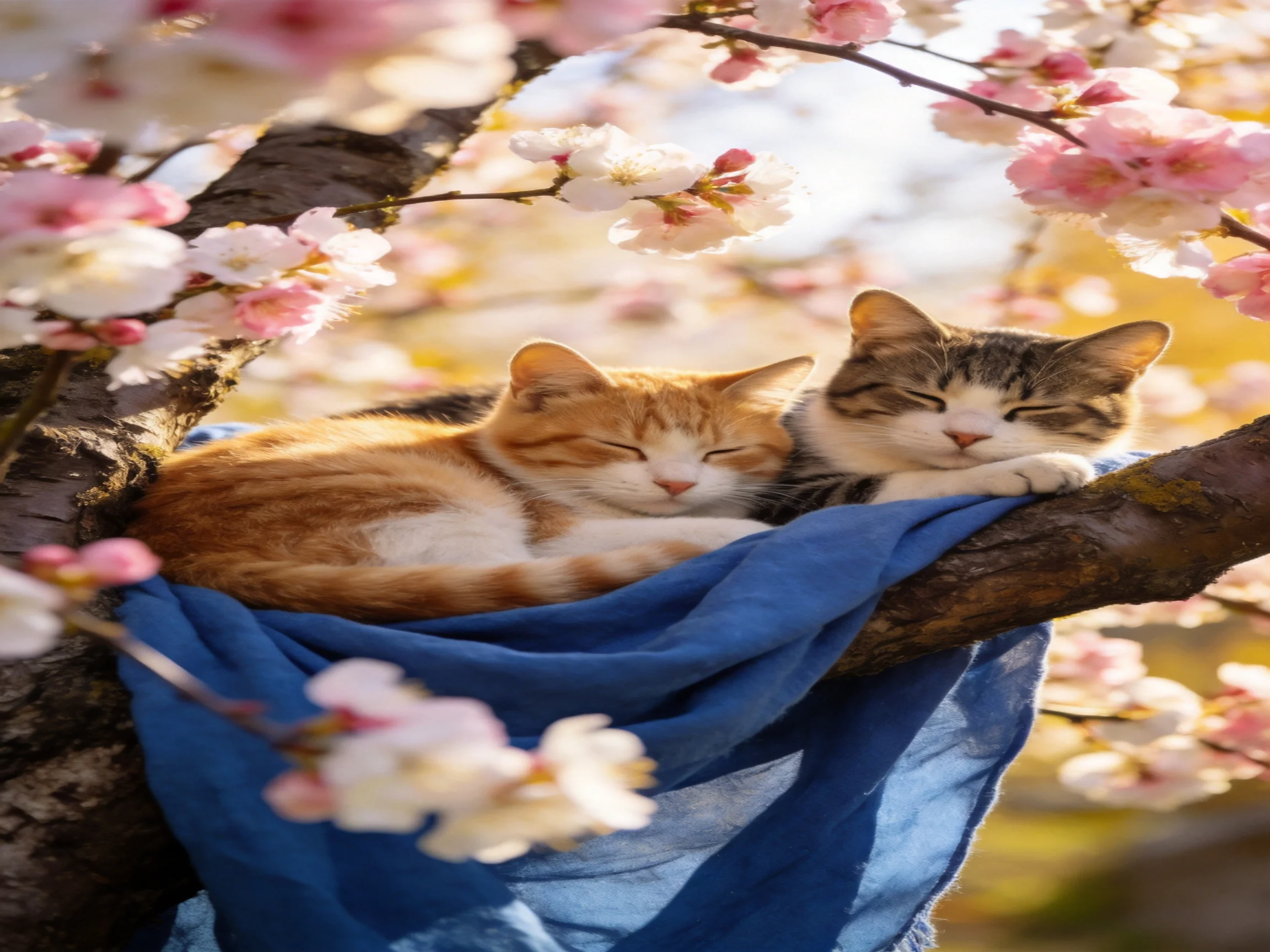 Two cats relax on a branch with pink cherry blossoms and blue cloth