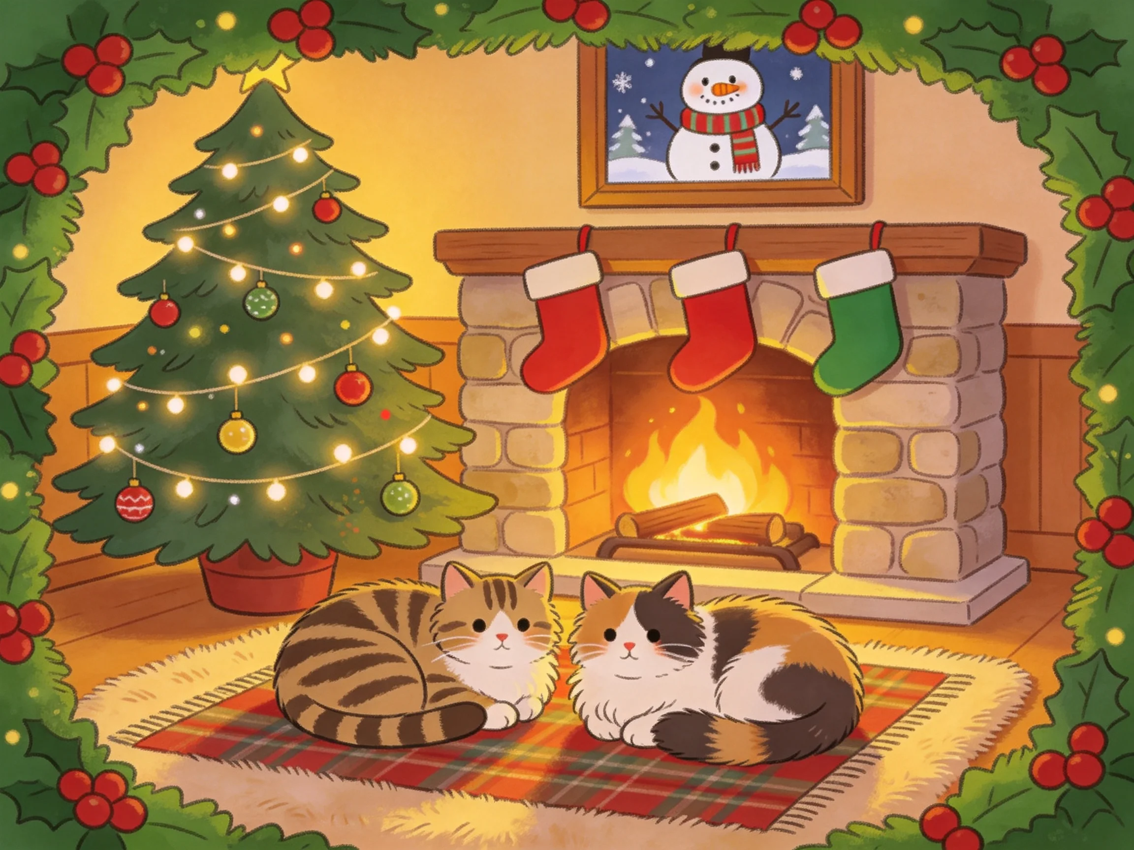 Two cats rest by a lit stone fireplace with a decorated Christmas tree