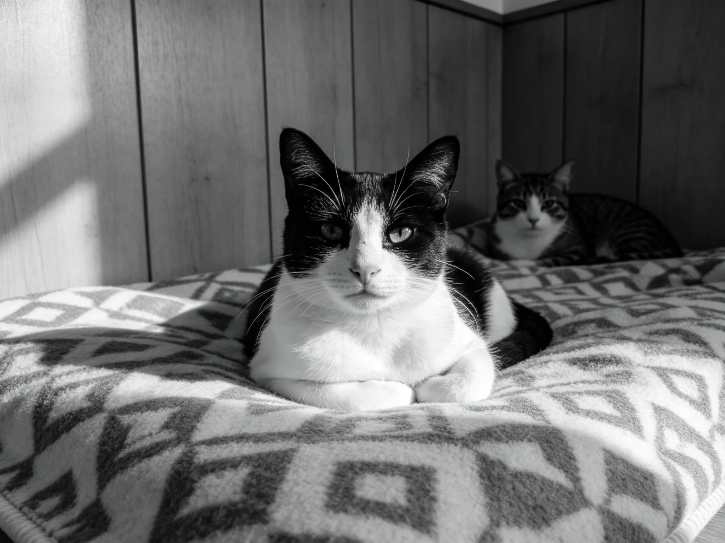 Two cats sit on a patterned bed in a wooden-paneled area