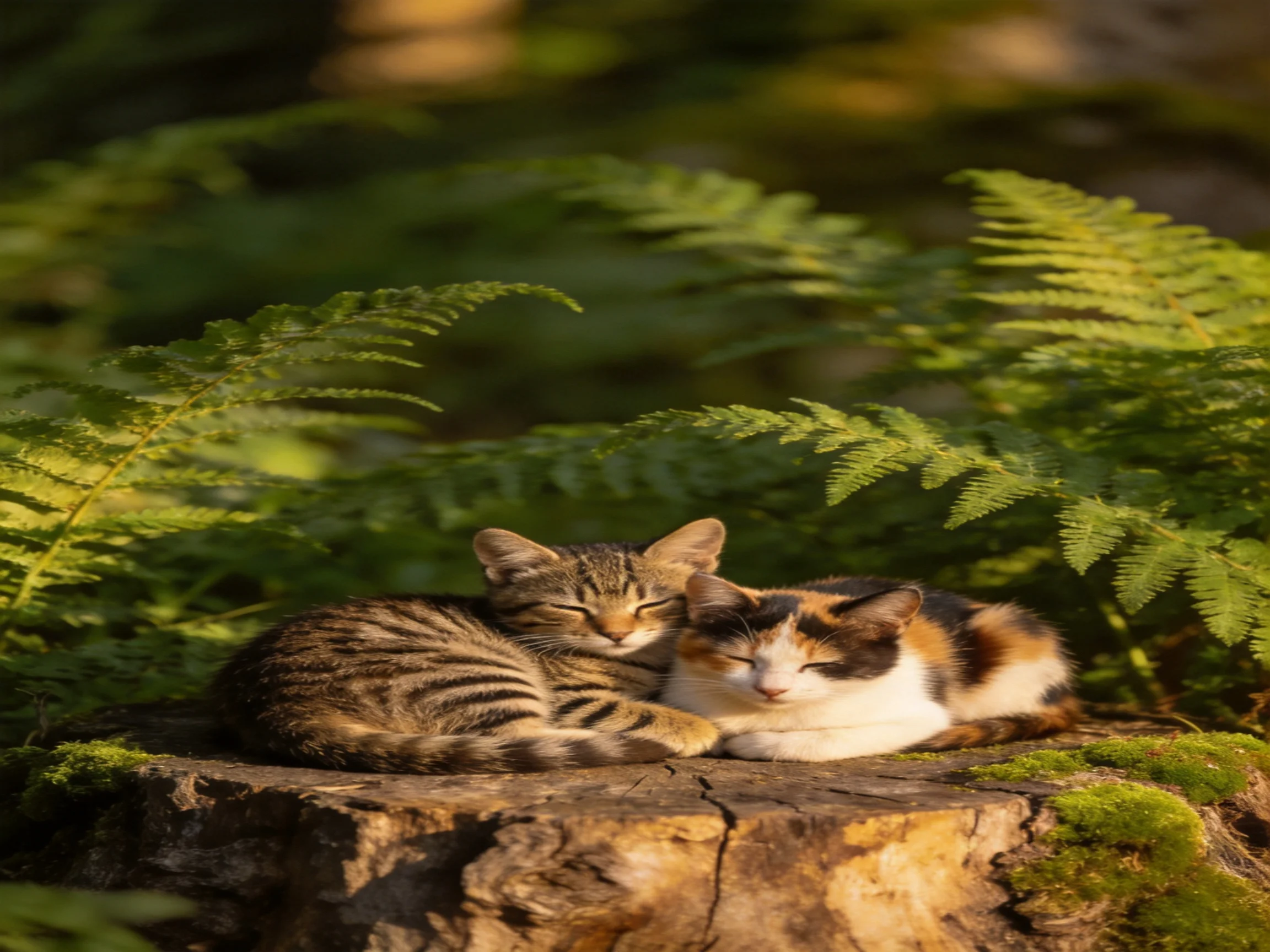 Two cats rest on a mossy tree stump amid ferns