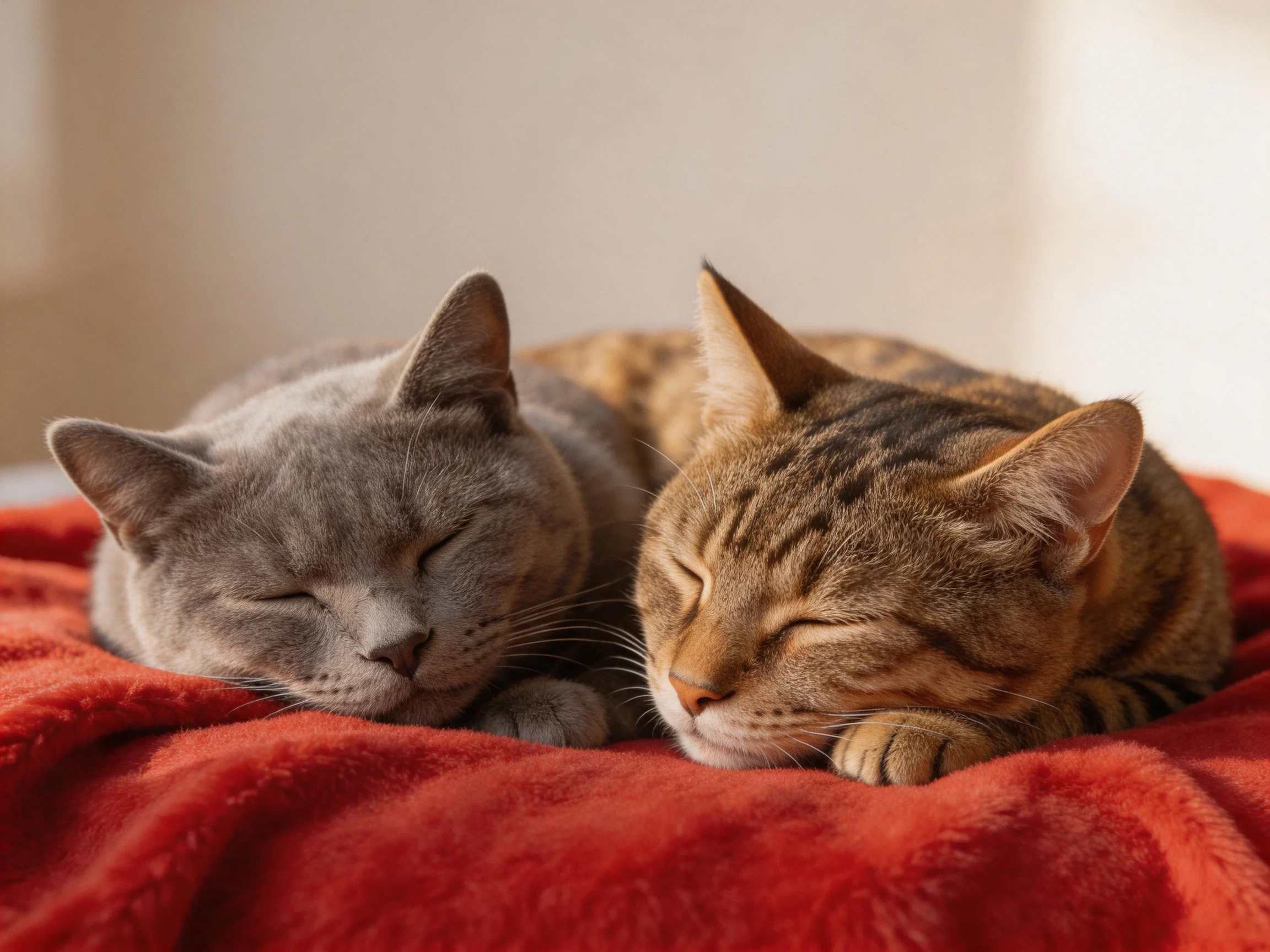 Two cats rest on a plush red blanket
