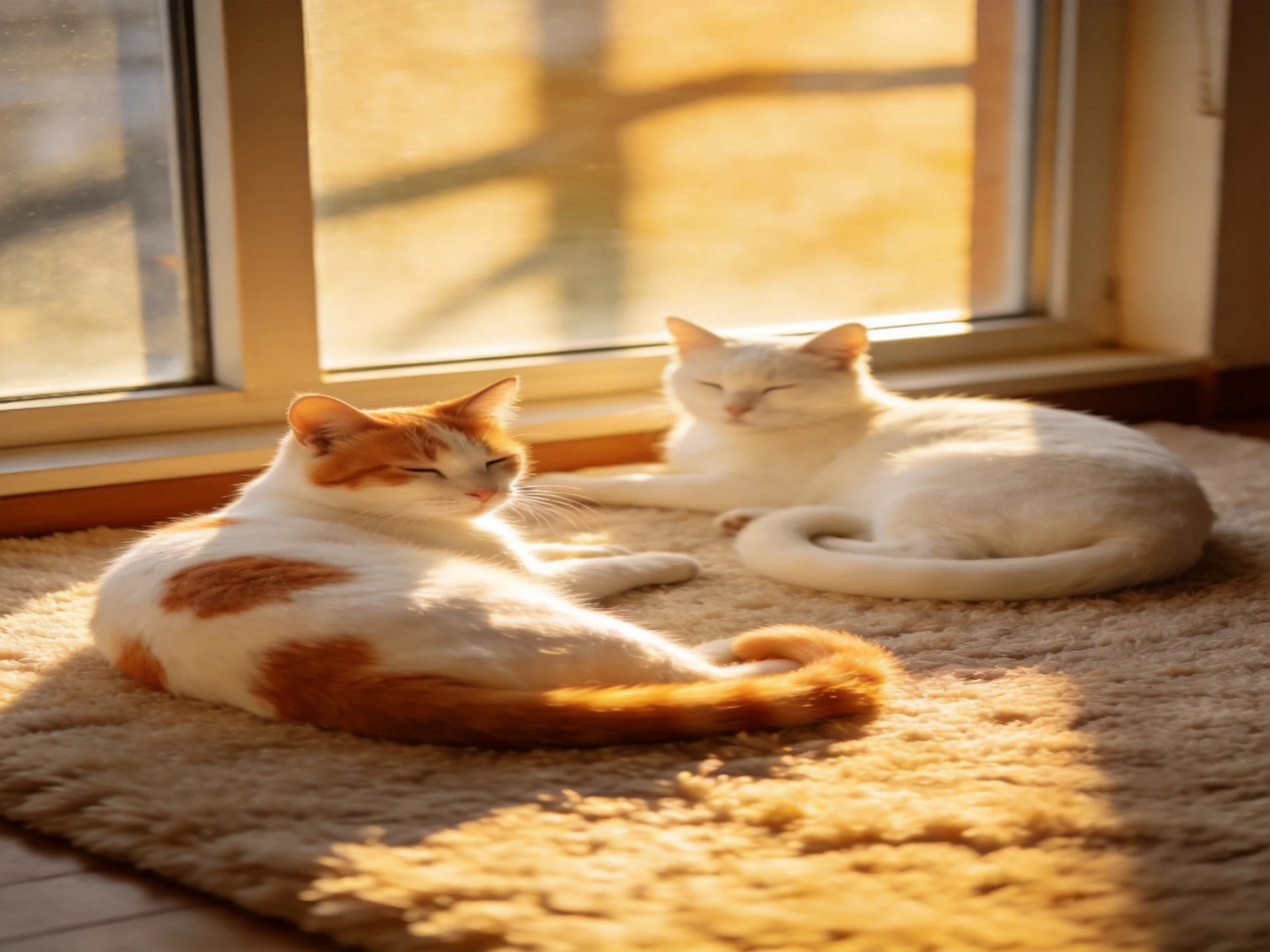 Two cats rest on a plush rug by a sunlit window with golden sunlight.