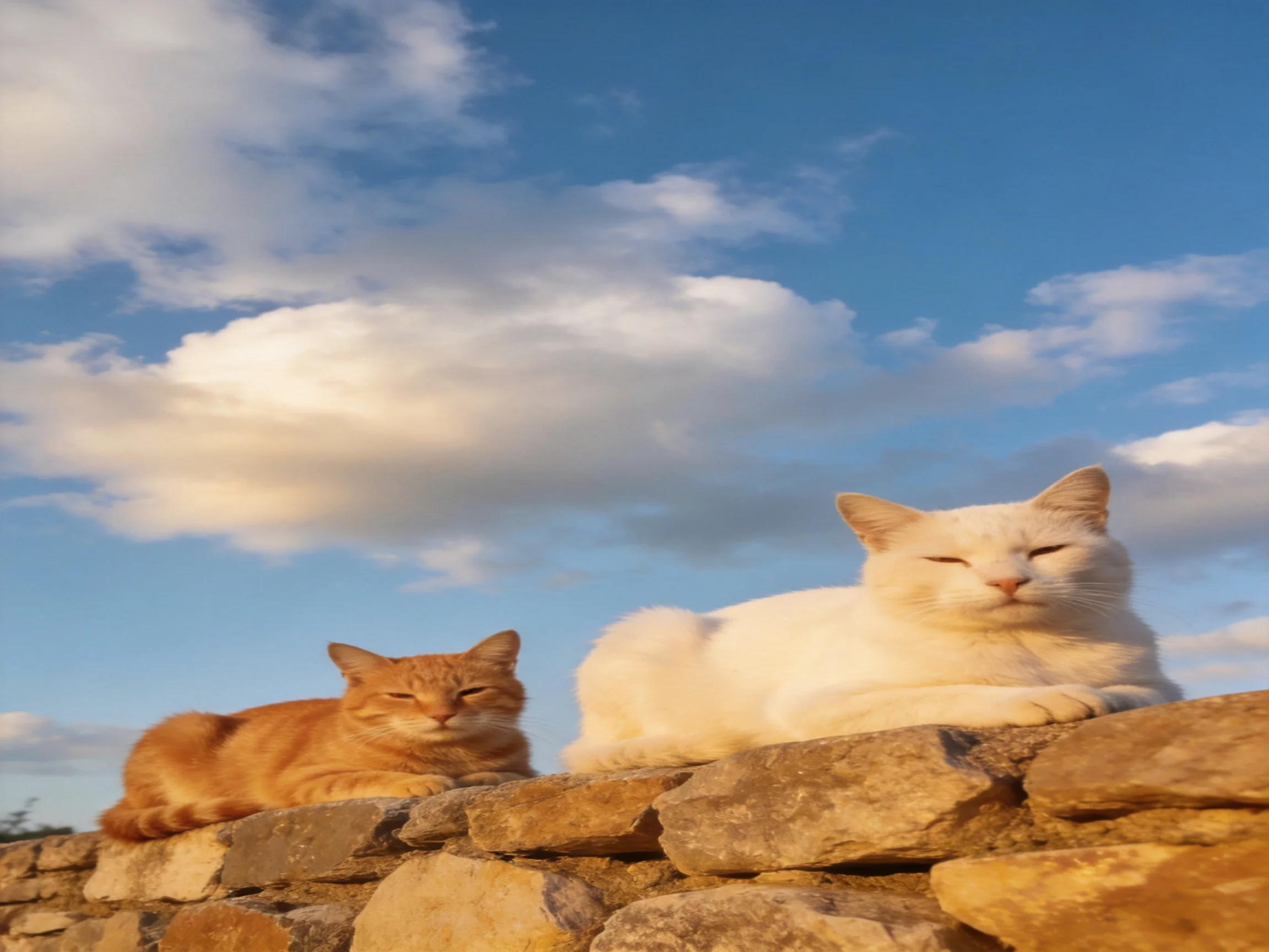 Two cats lounge on a stone wall with a blue sky backdrop