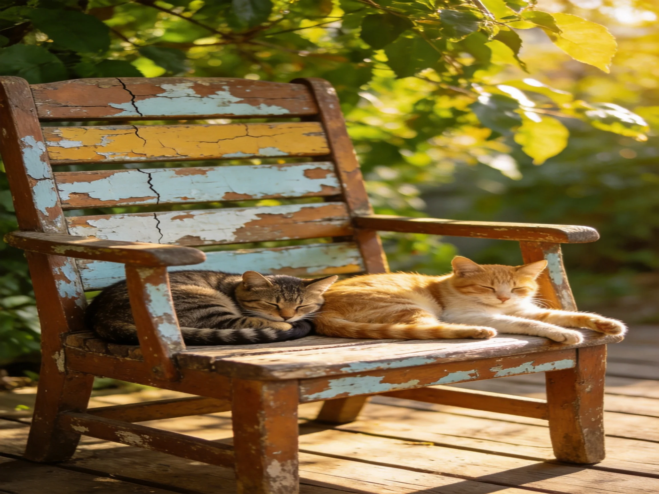 Two cats rest on a weathered, multicolored wooden bench in sunlight