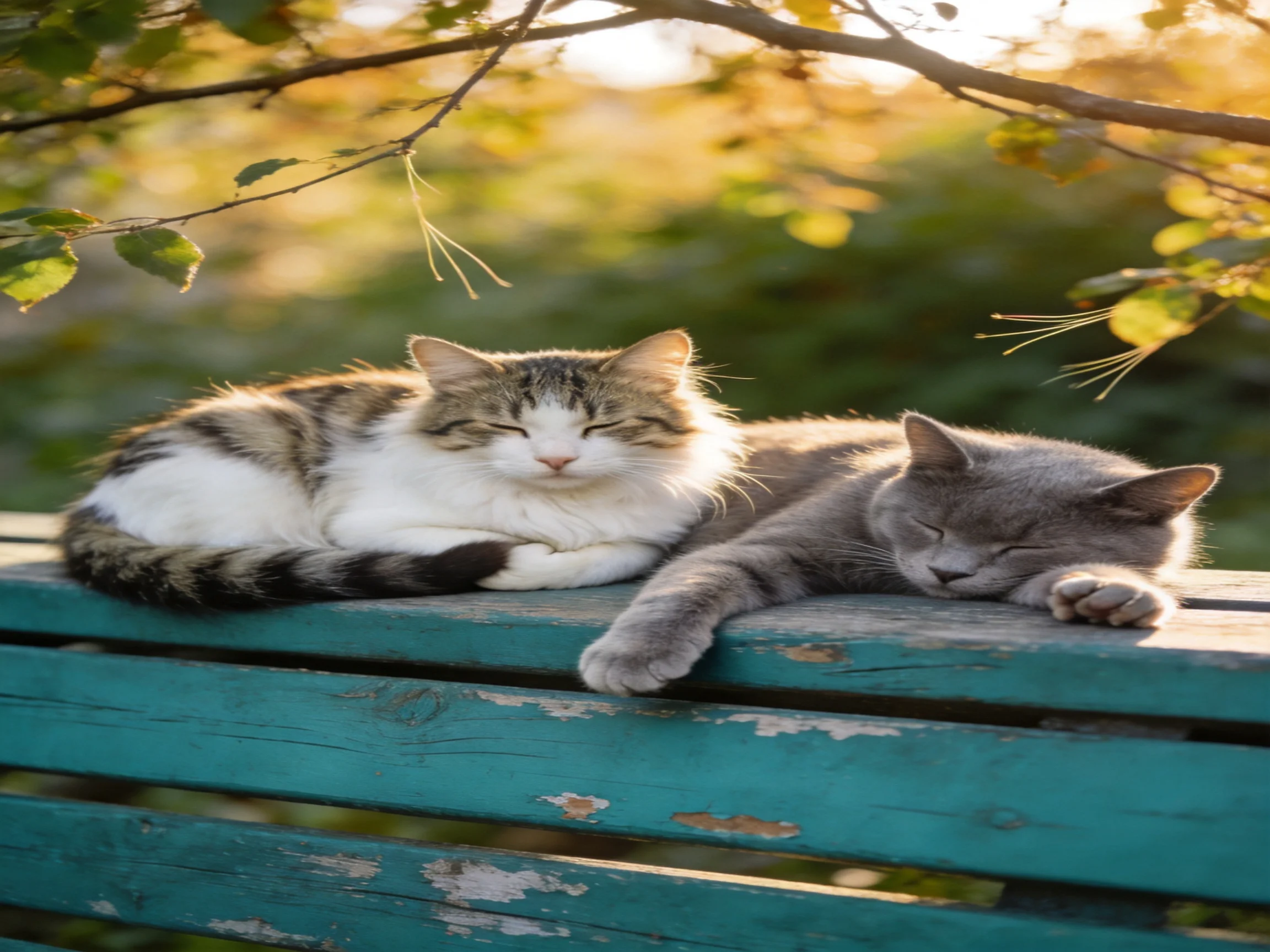 Two cats rest on a weathered teal bench under golden sunlight