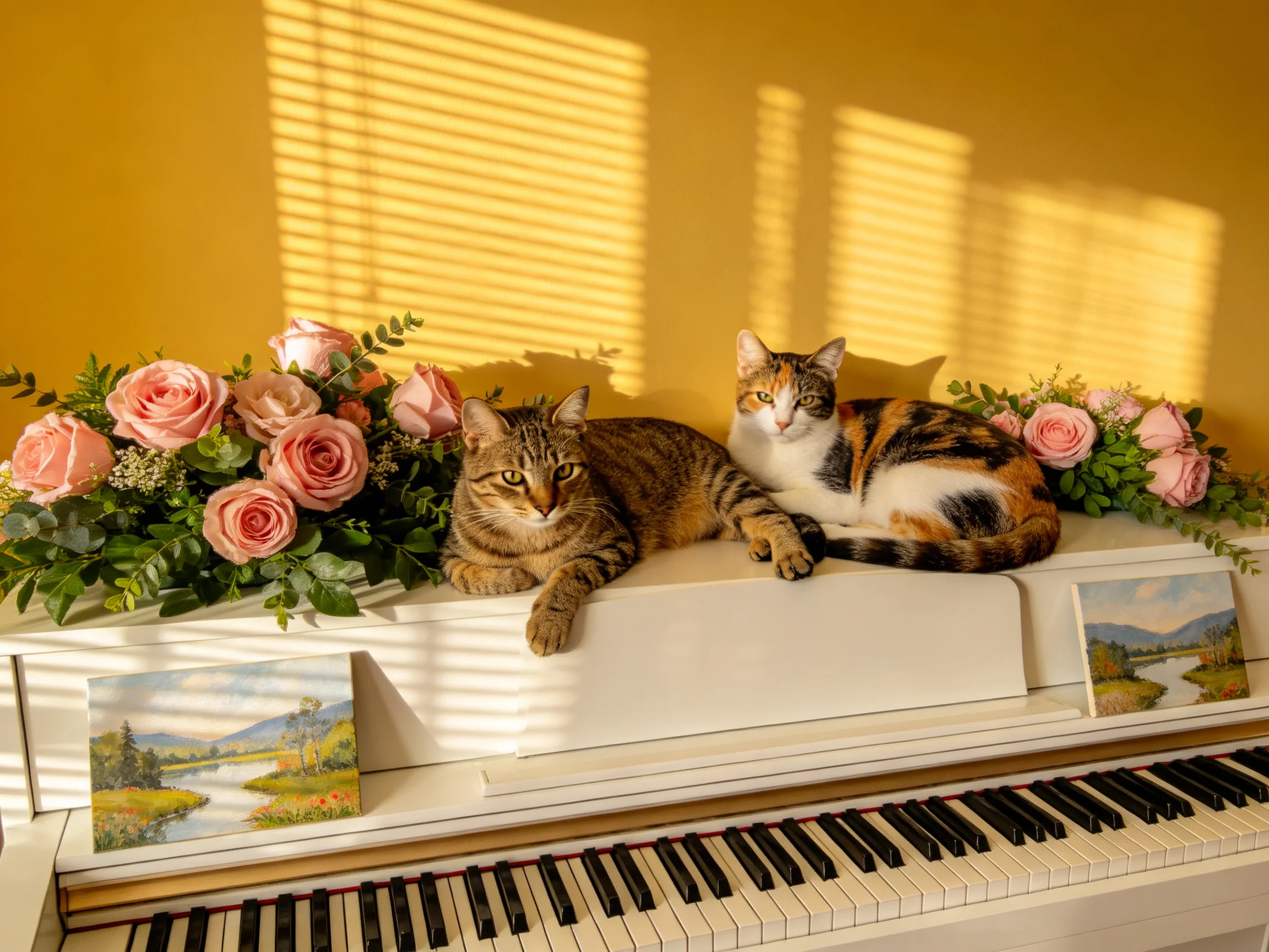 Two cats lounge on a white piano decorated with pink roses.