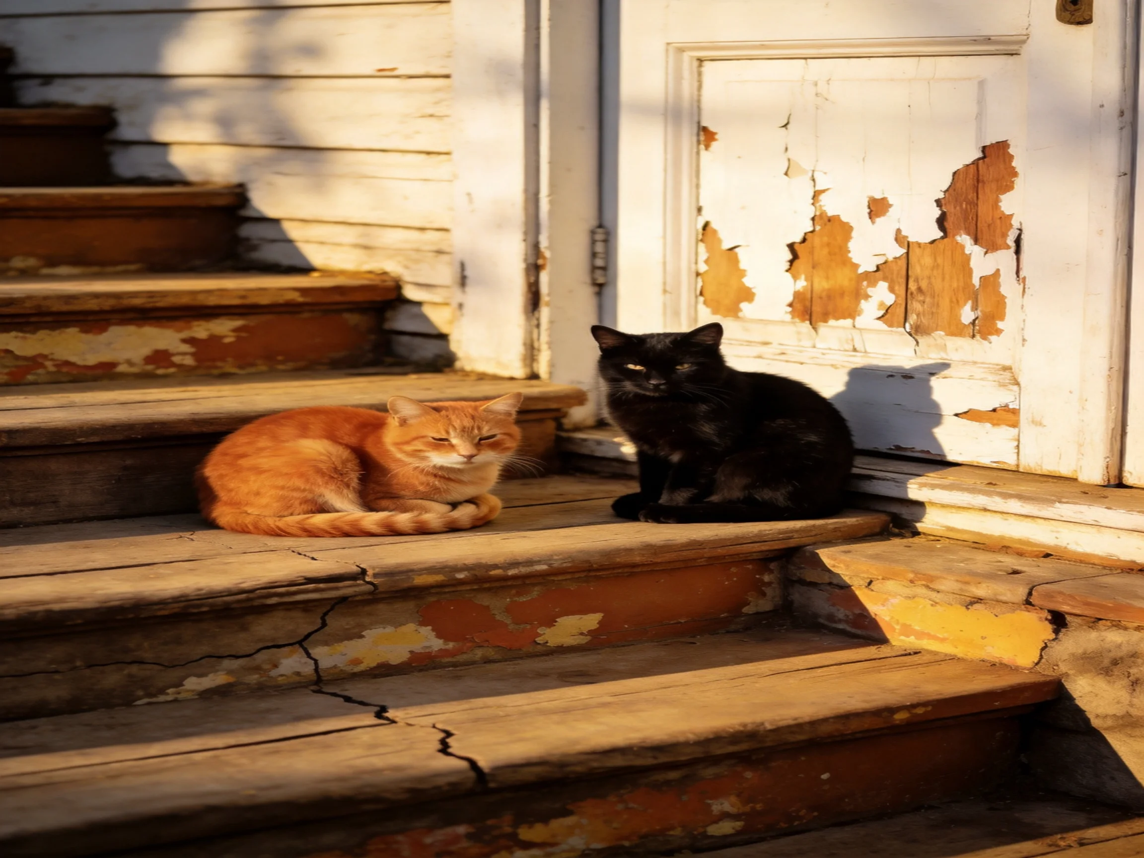 Two cats rest on aged wooden steps beside a peeling door