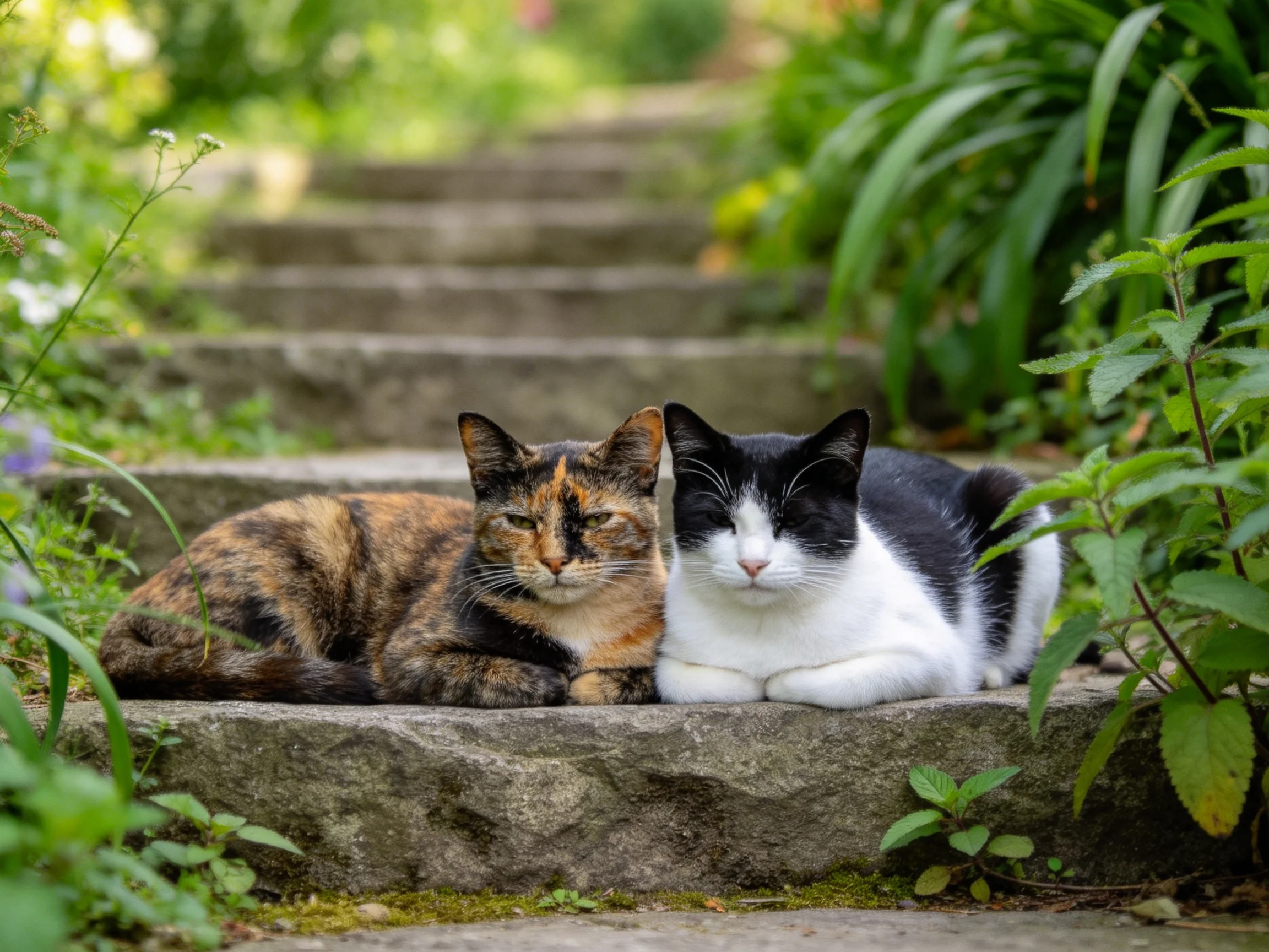 Two cats rest on mossy stone steps amid lush greenery