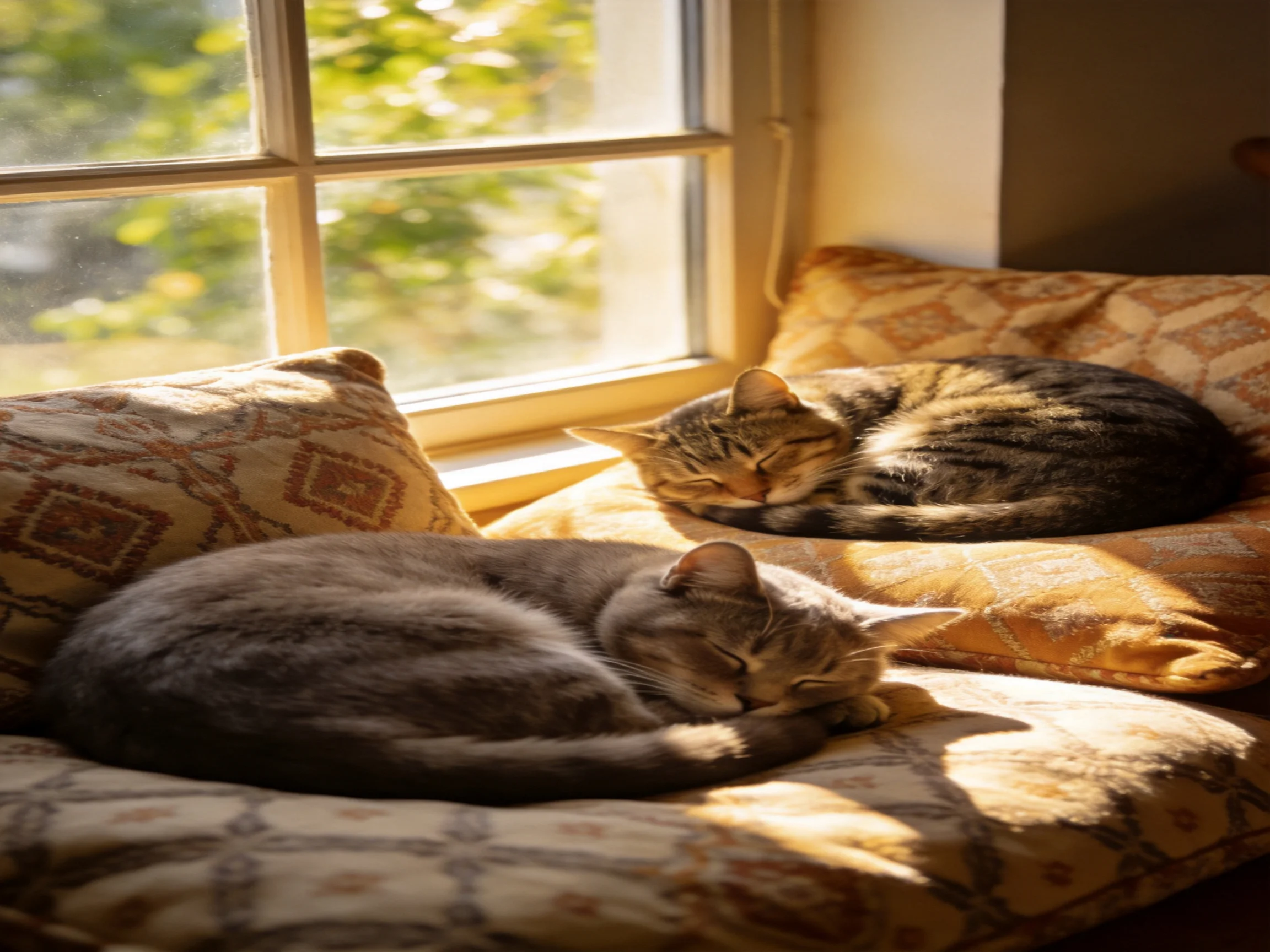 Two cats rest on patterned cushions by a sunlit window