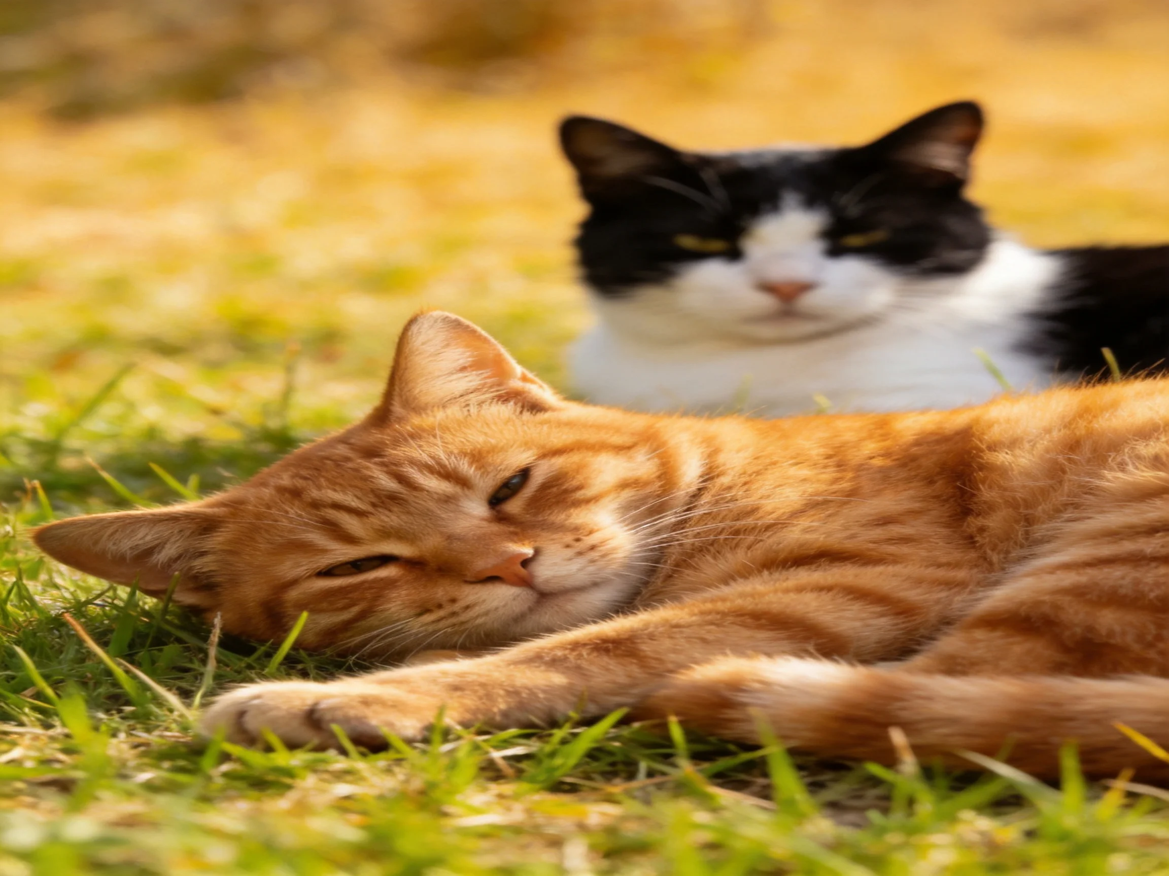 Two cats rest on sunlit grass—an orange tabby, a black - and - white cat