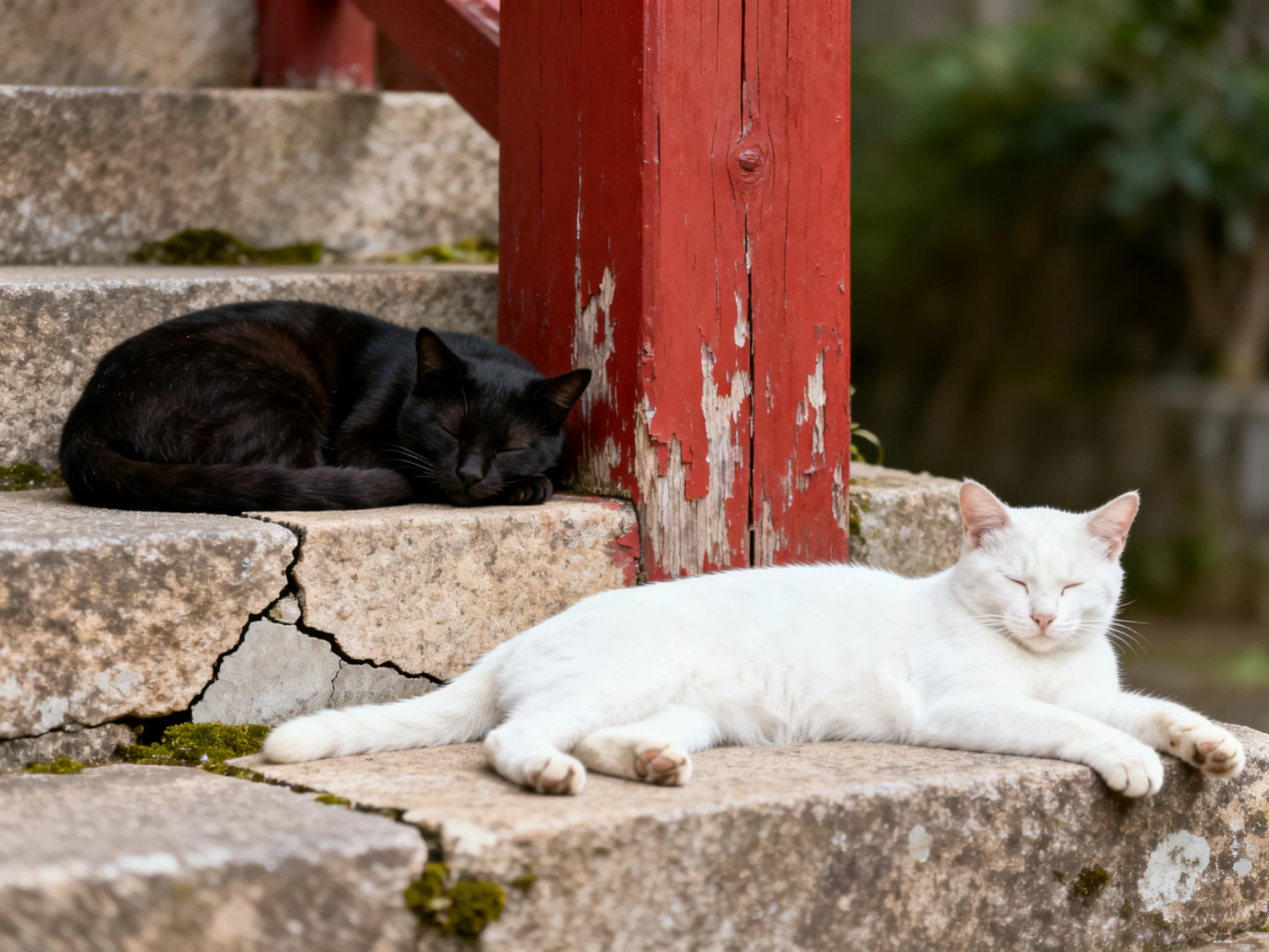 A black and white cat rests on aged stone steps near a worn red post.