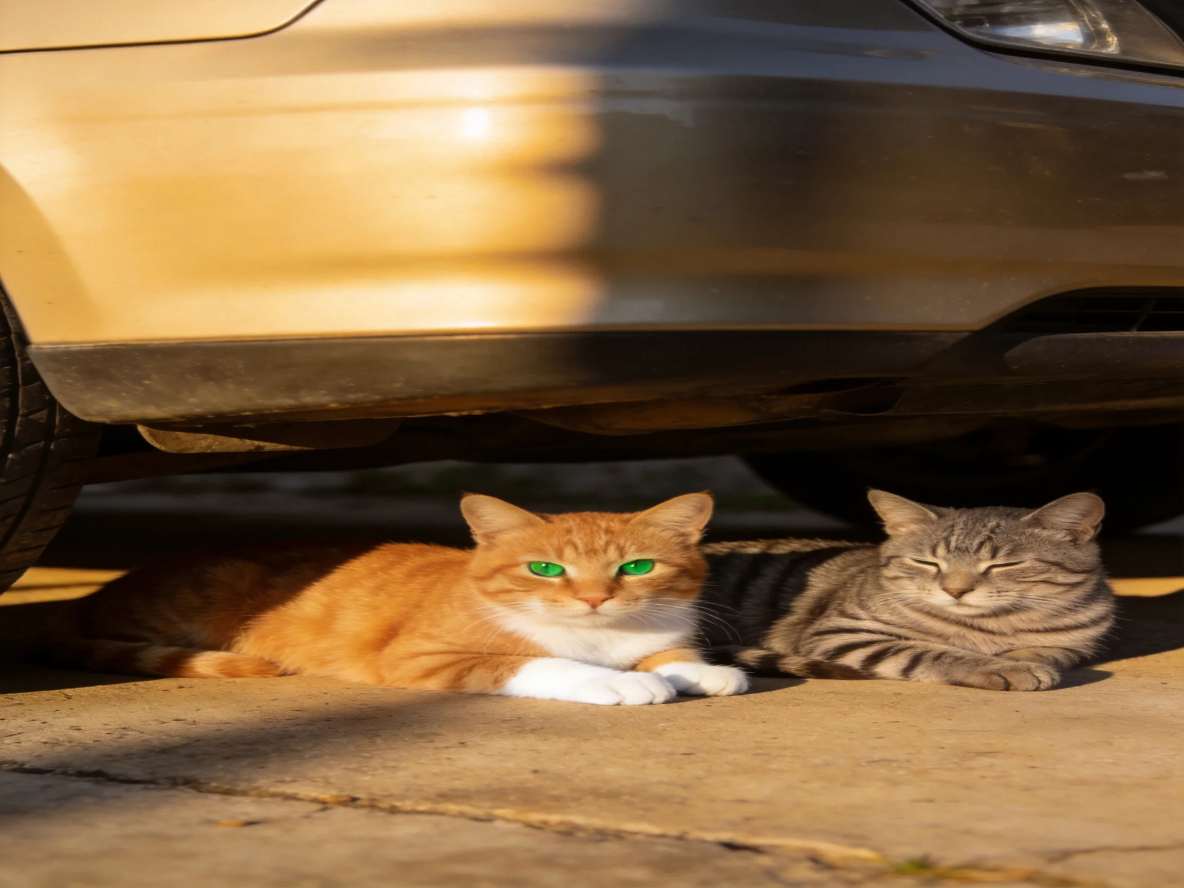 Two cats rest under a beige car on a sunlit pavement