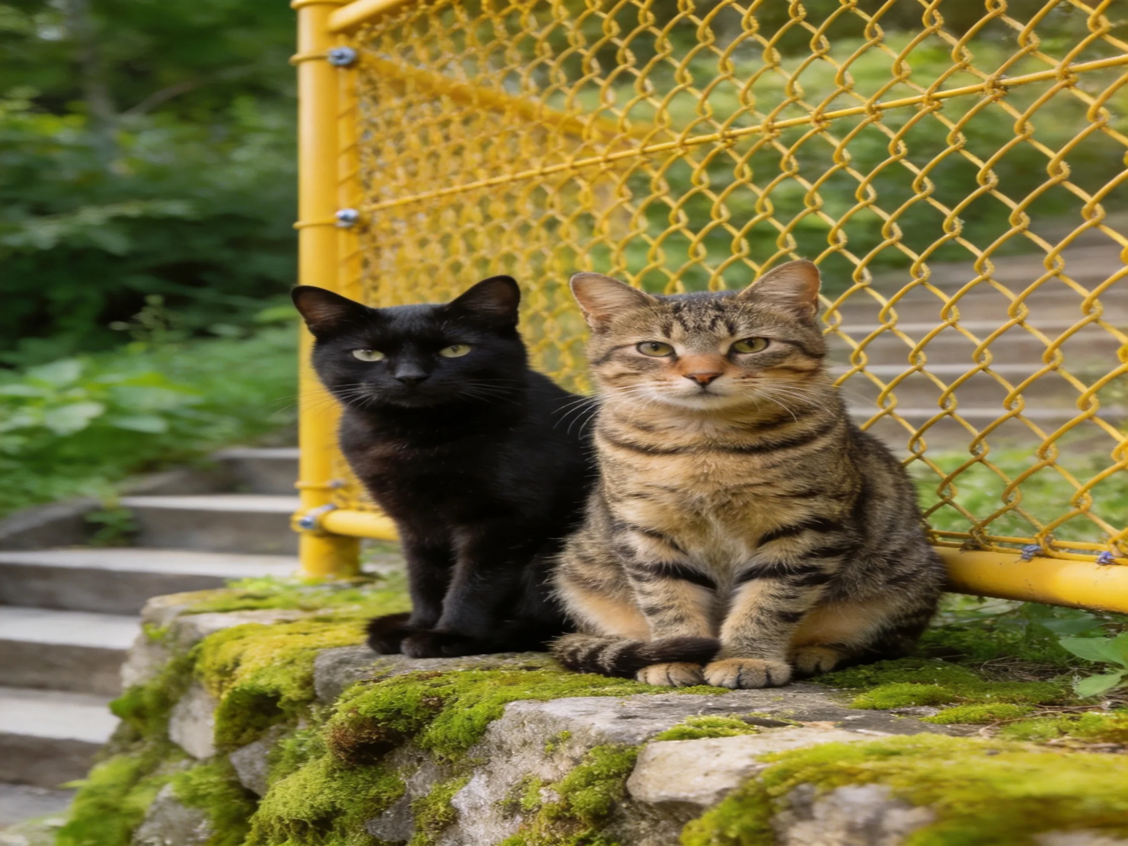 Two cats sit beside a bright yellow fence on a moss-covered stone ledge