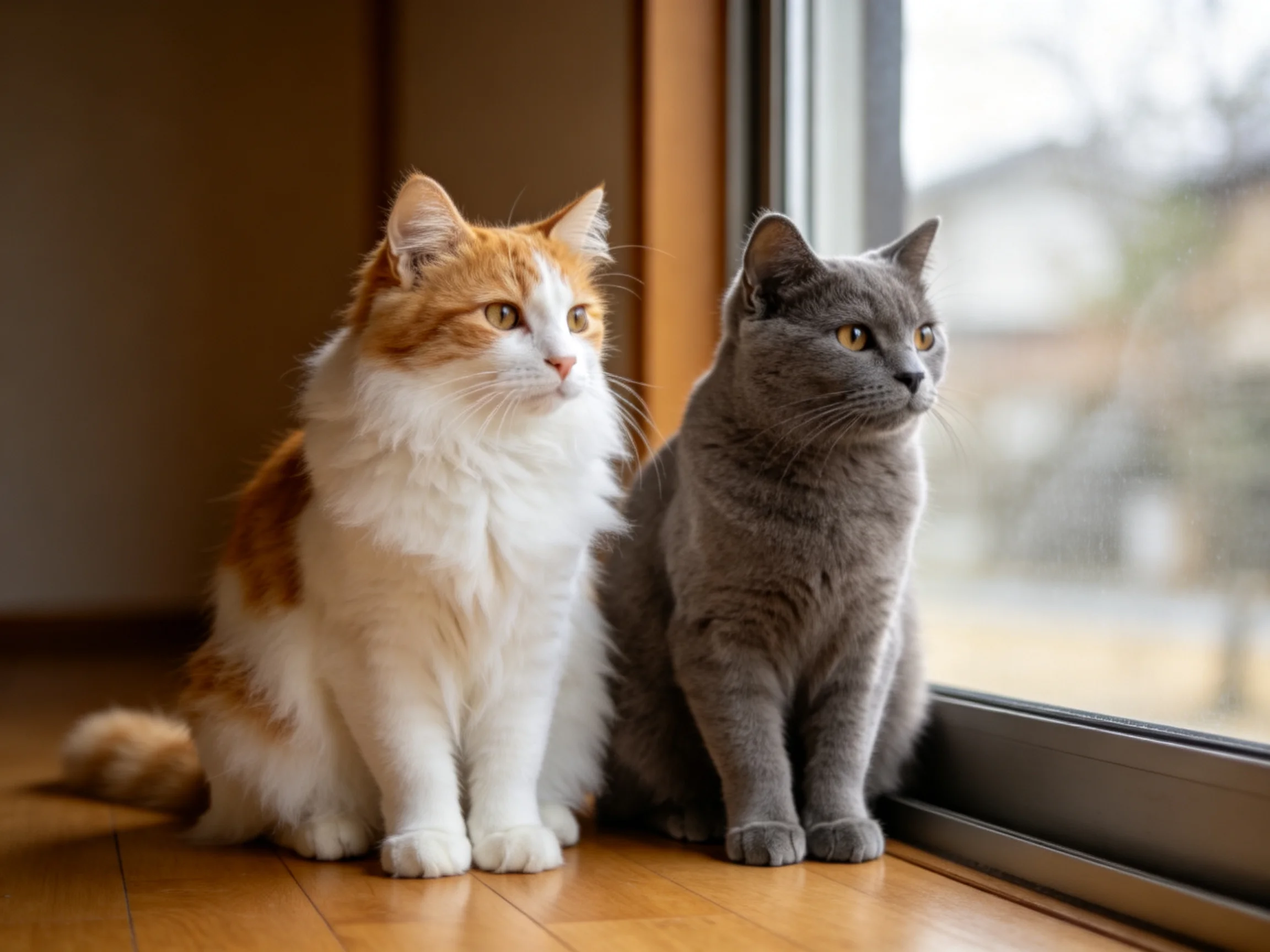 Two cats sit by a window—one orange and white, one gray