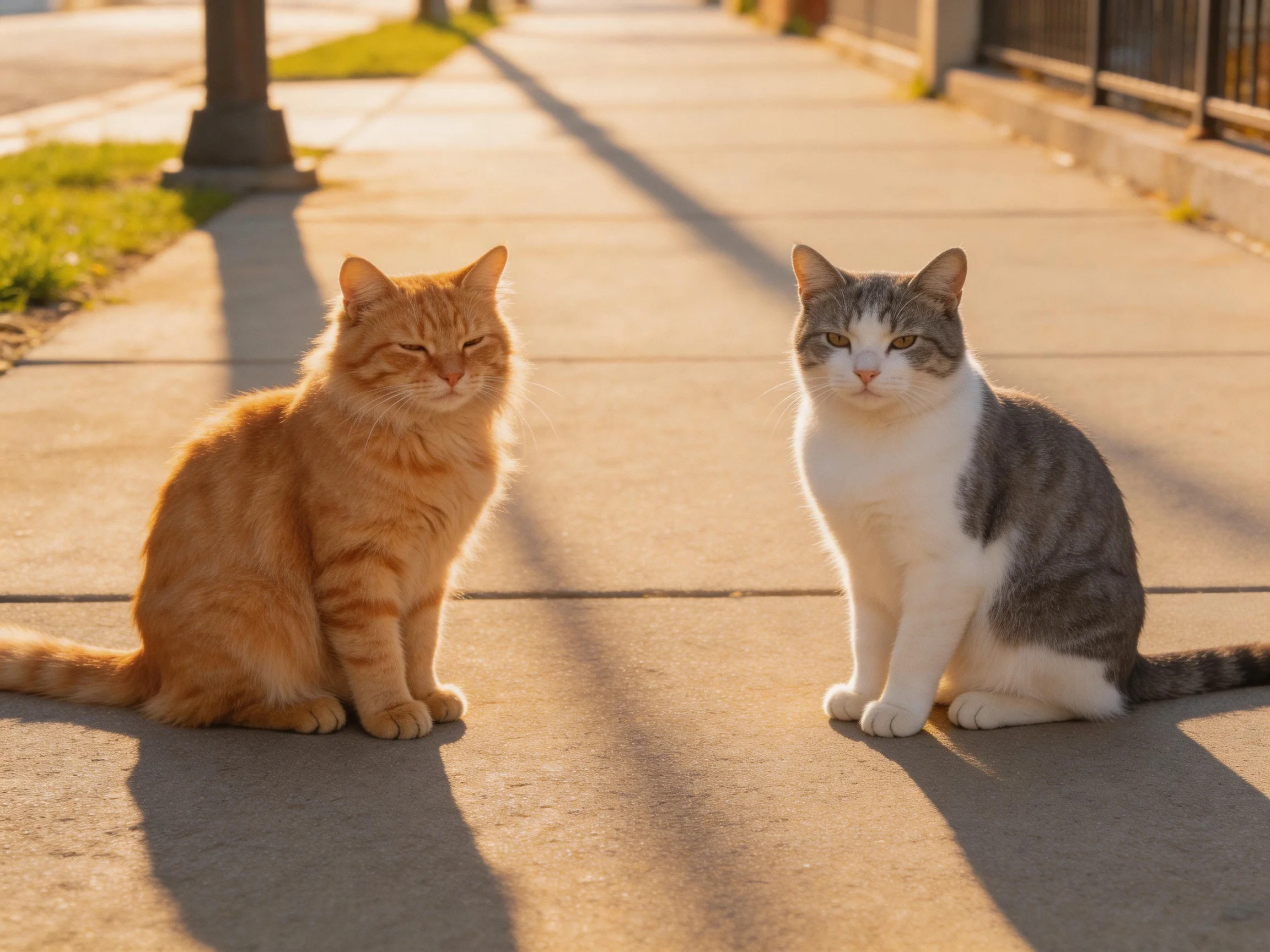 Two cats sit on a sunlit sidewalk—one orange, one gray and white