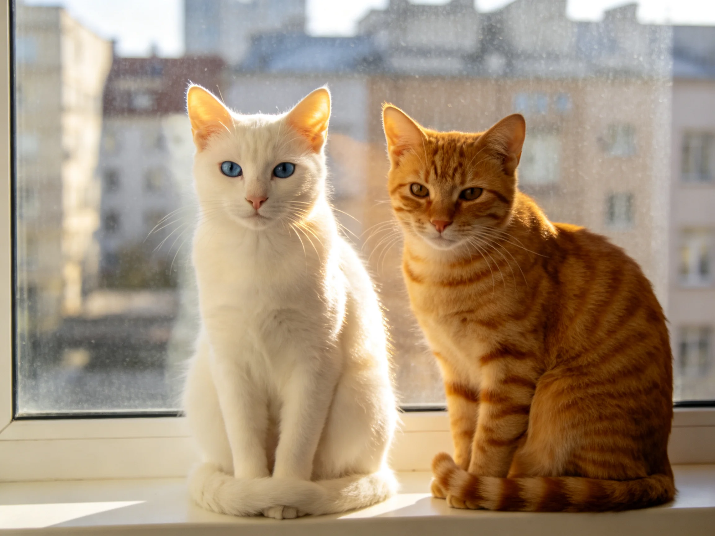 Two cats sit side by side on a windowsill with city buildings behind