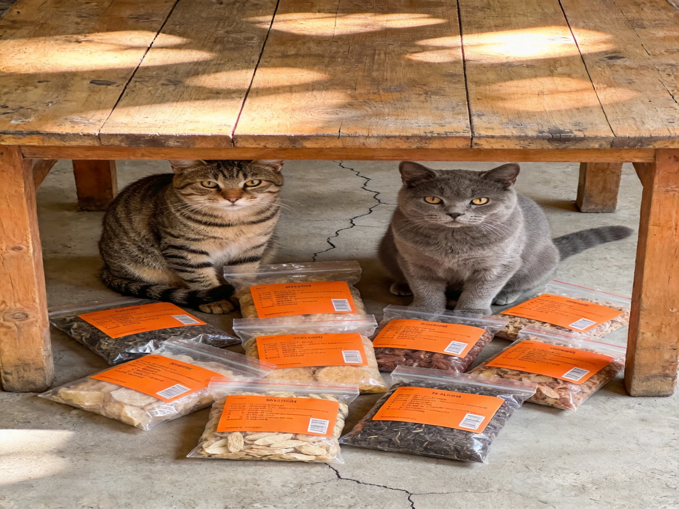 Two cats sit under a wooden table with orange-labeled food packages