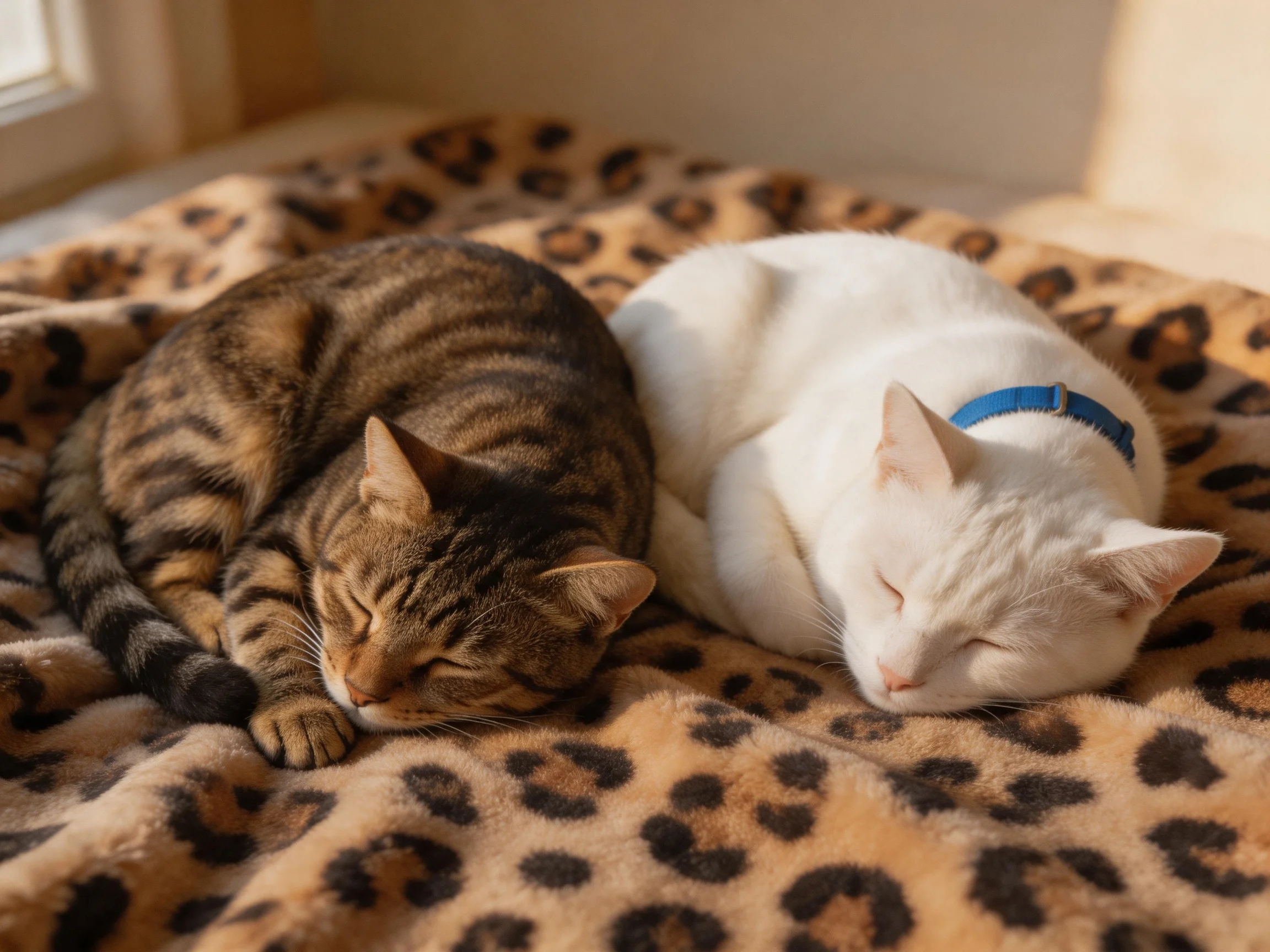 Two cats sleep on a leopard - print blanket in warm sunlight