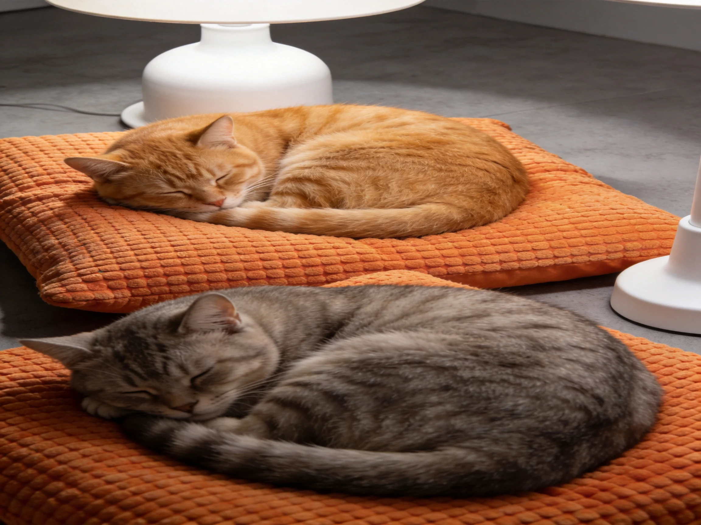 Two cats rest on orange cushions in a cozy indoor setting.