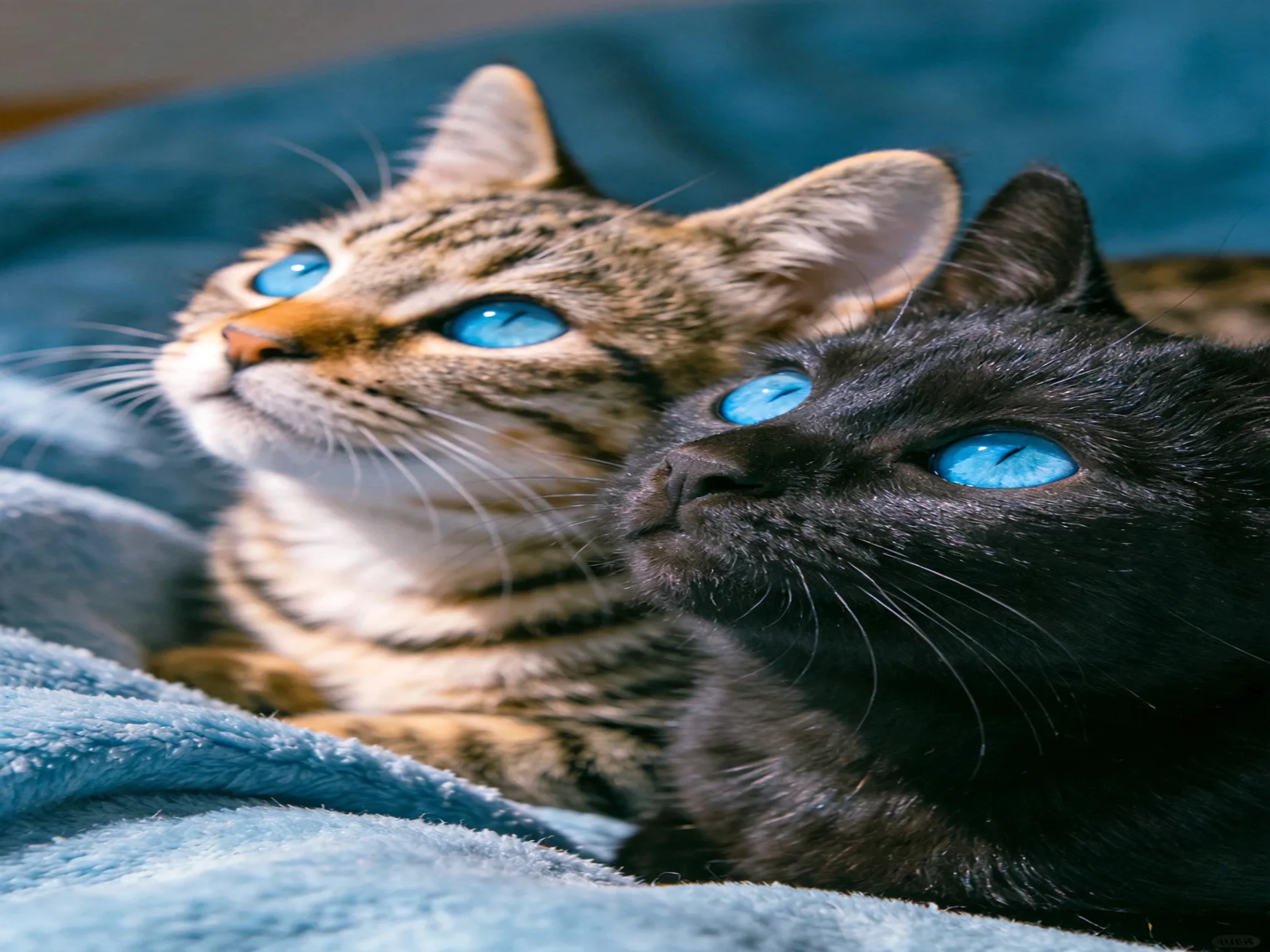 Two cats with blue eyes relax together on a soft blanket.