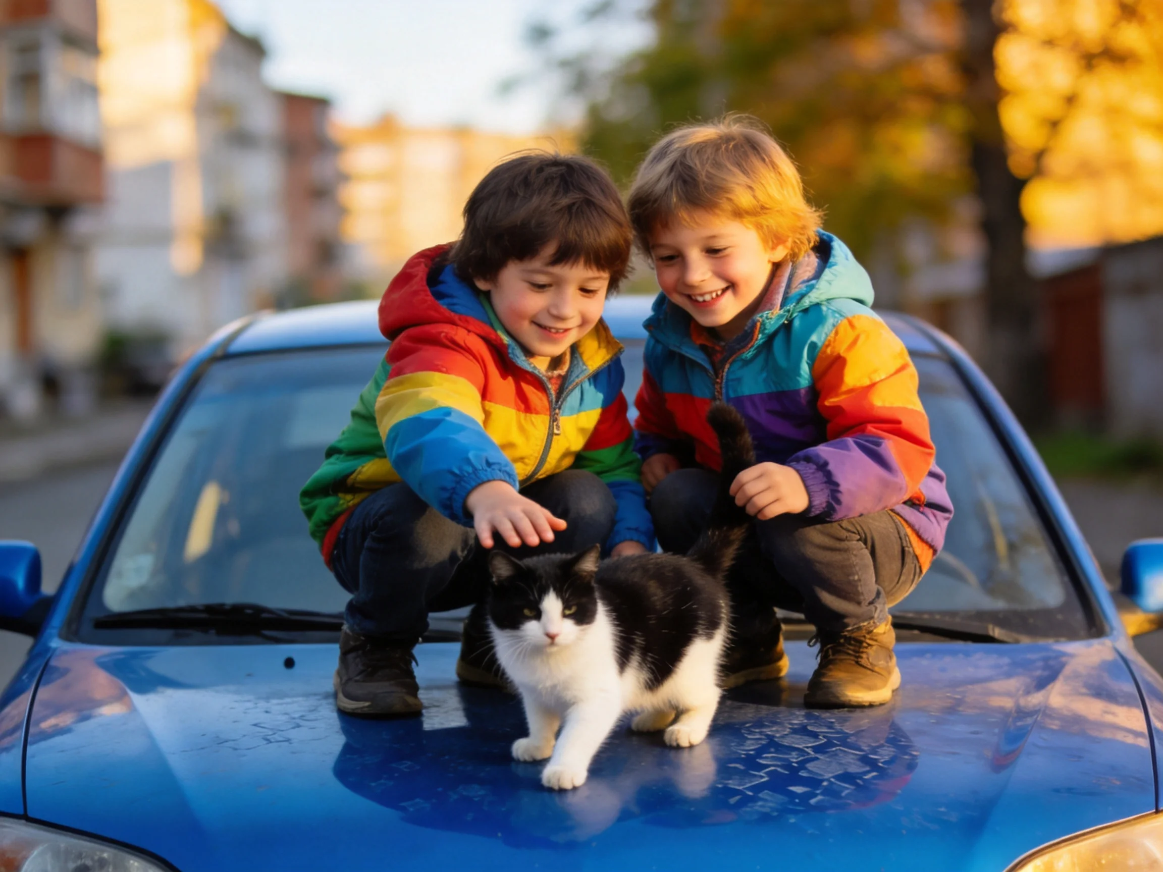 Two children in colorful jackets interact with a black - white cat on a blue car
