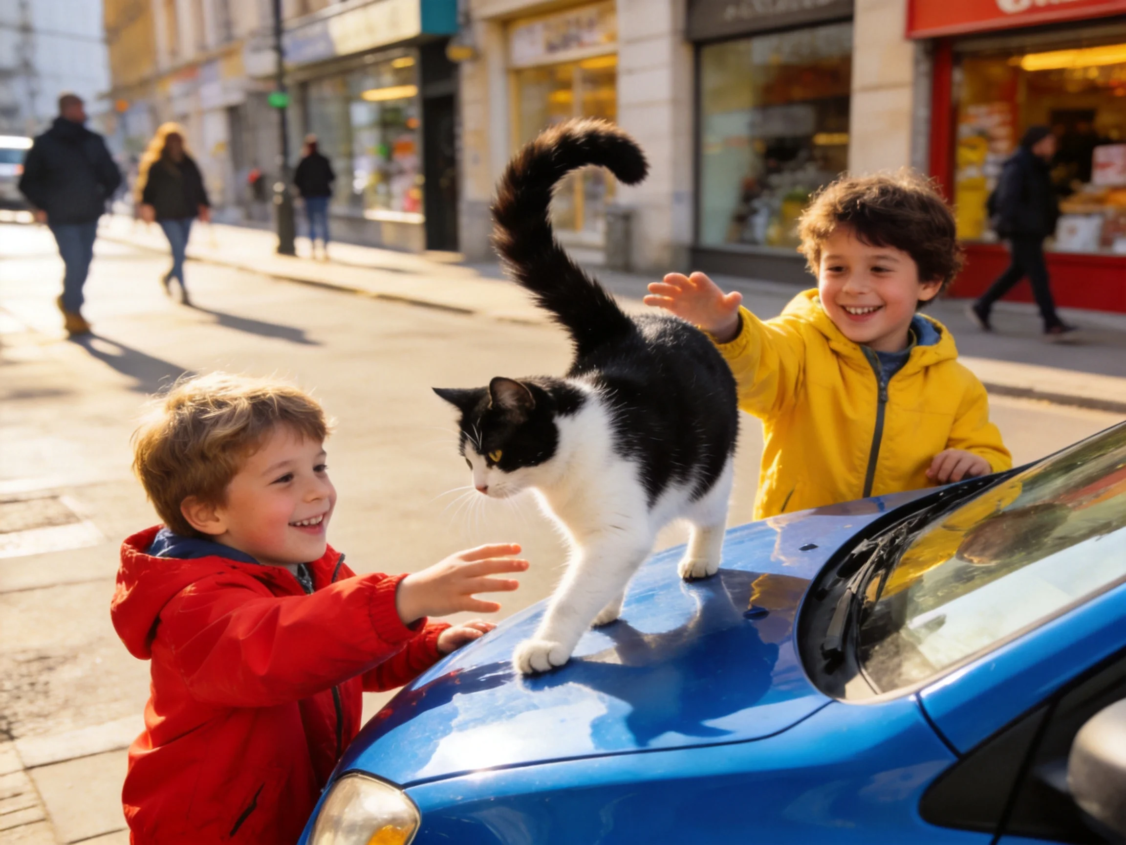 Two children interact with a black - white cat on a blue car in an urban street