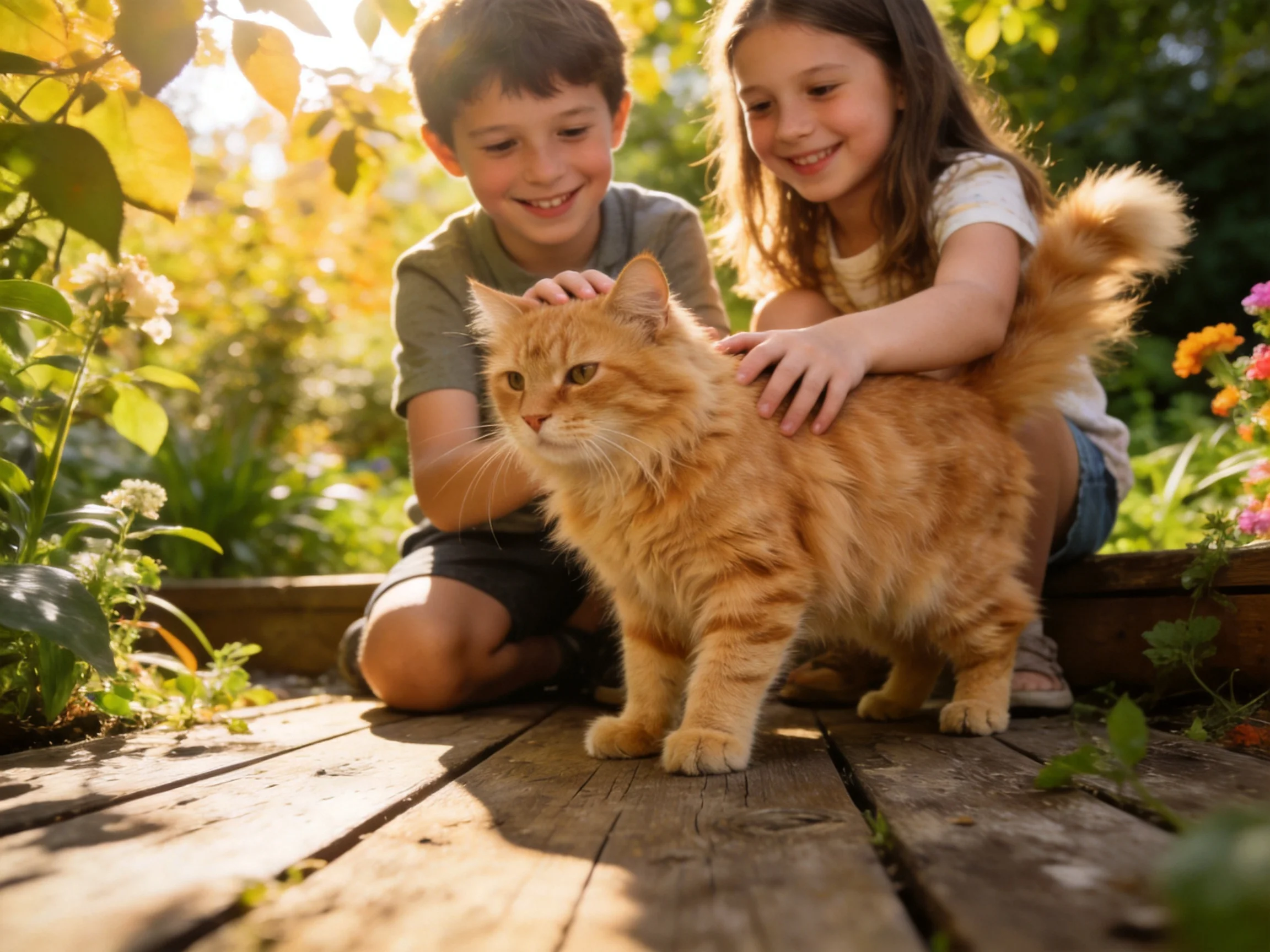 Two children petting a fluffy orange cat in a sunlit garden