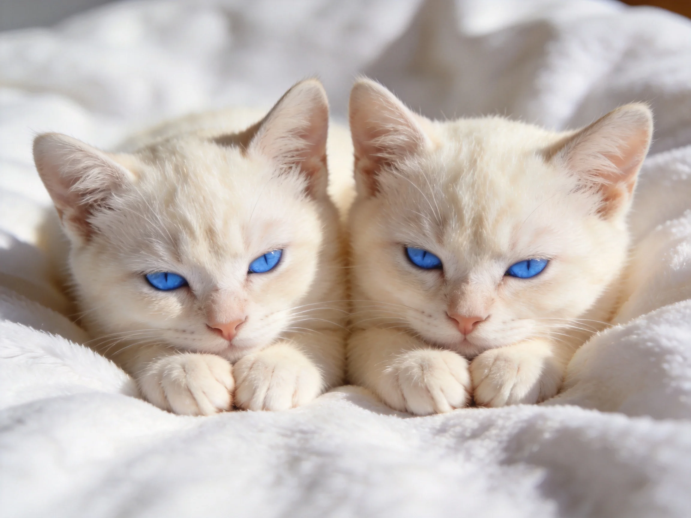 Two cream - colored kittens with bright blue eyes rest on a soft white blanket