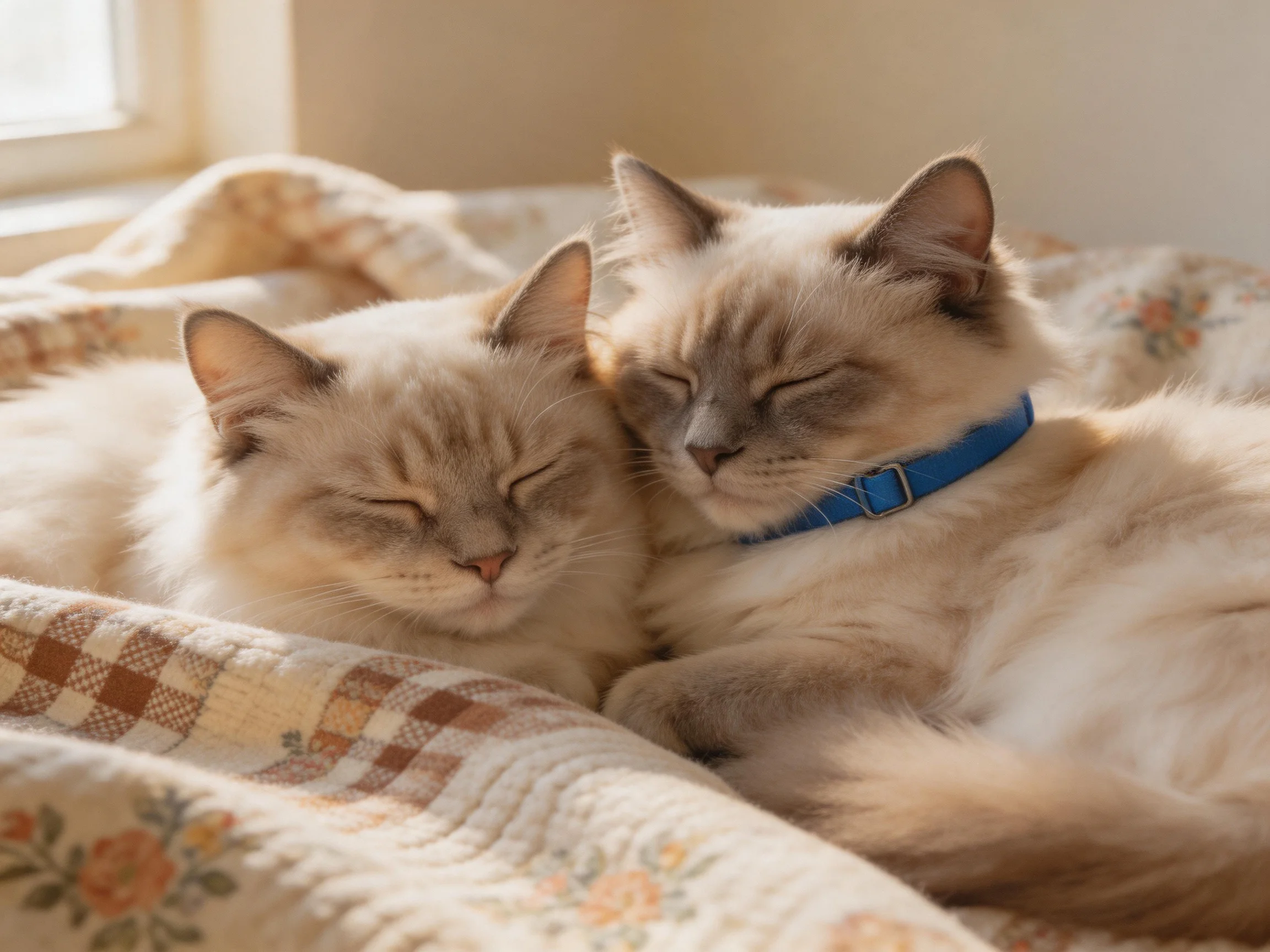 Two cream-colored cats cuddle on a floral-patterned blanket by a sunlit window