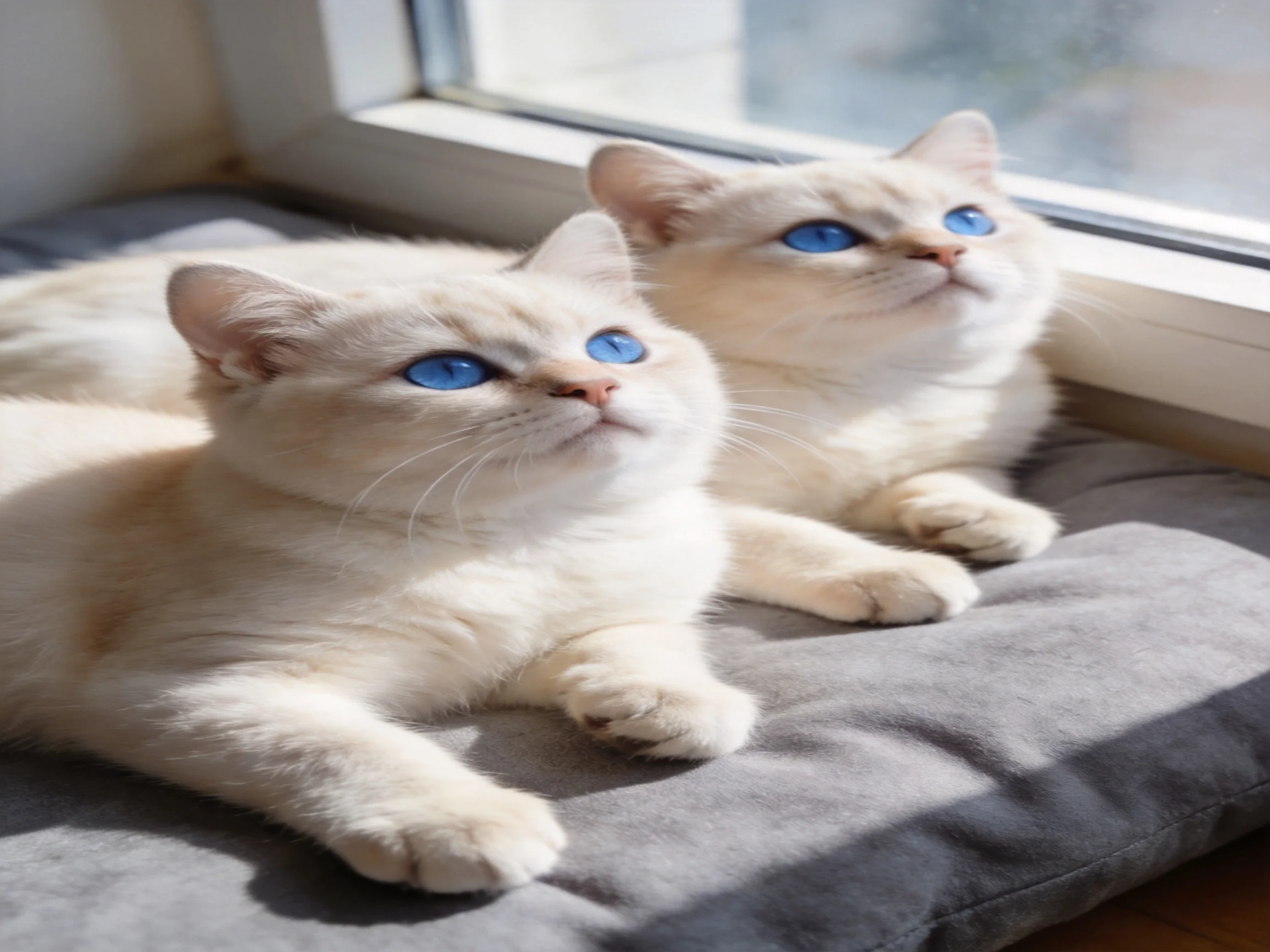Two cream-colored cats with blue eyes rest near a sunlit window on a cushion.