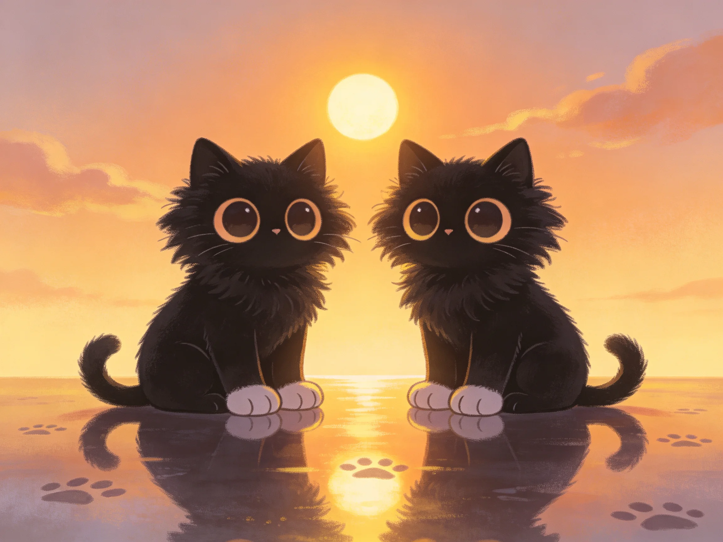 Two fluffy black cats sit beside a glowing sunset on reflective water
