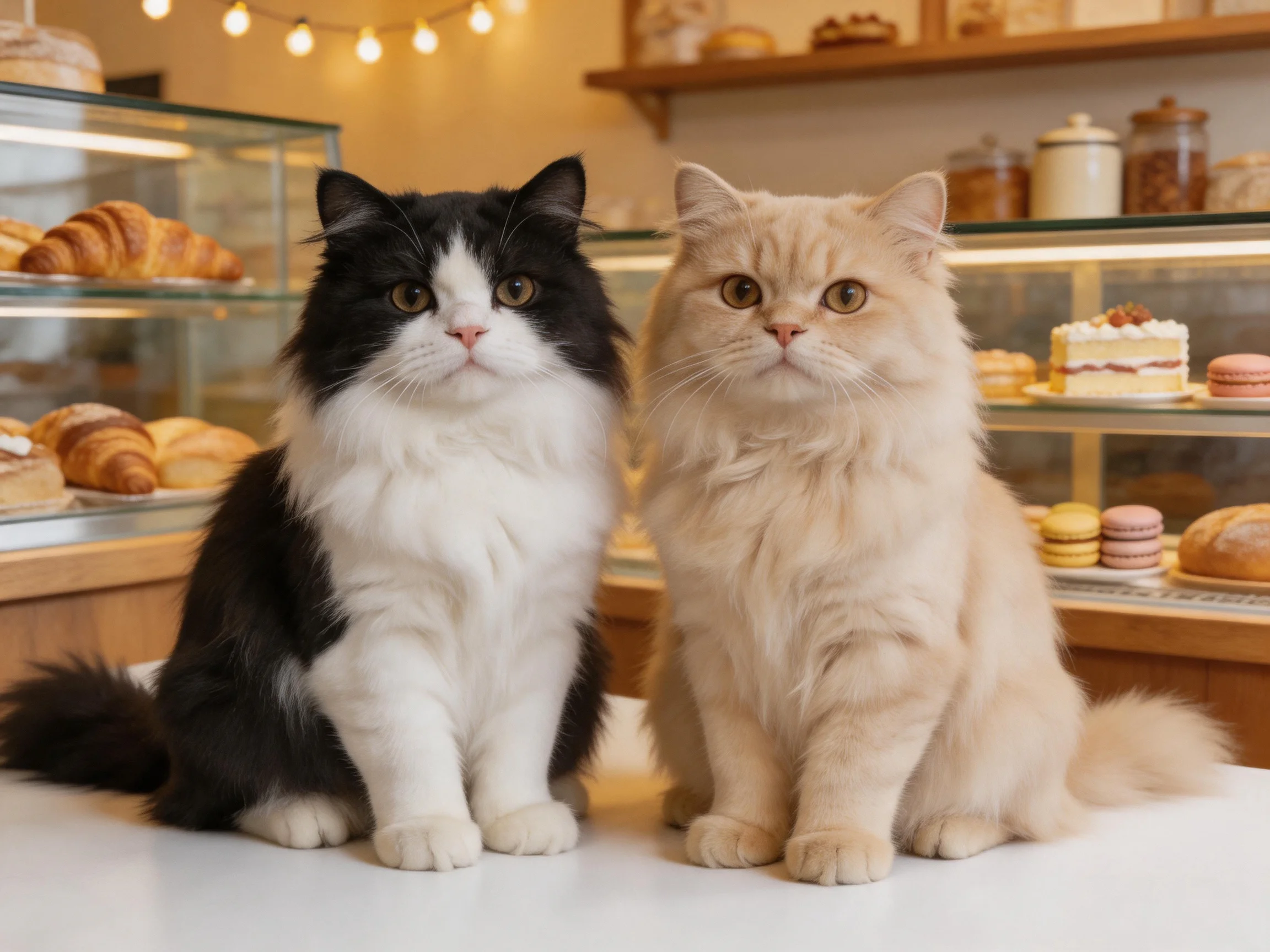 Two fluffy cats of different colors sit near pastries in a cozy bakery