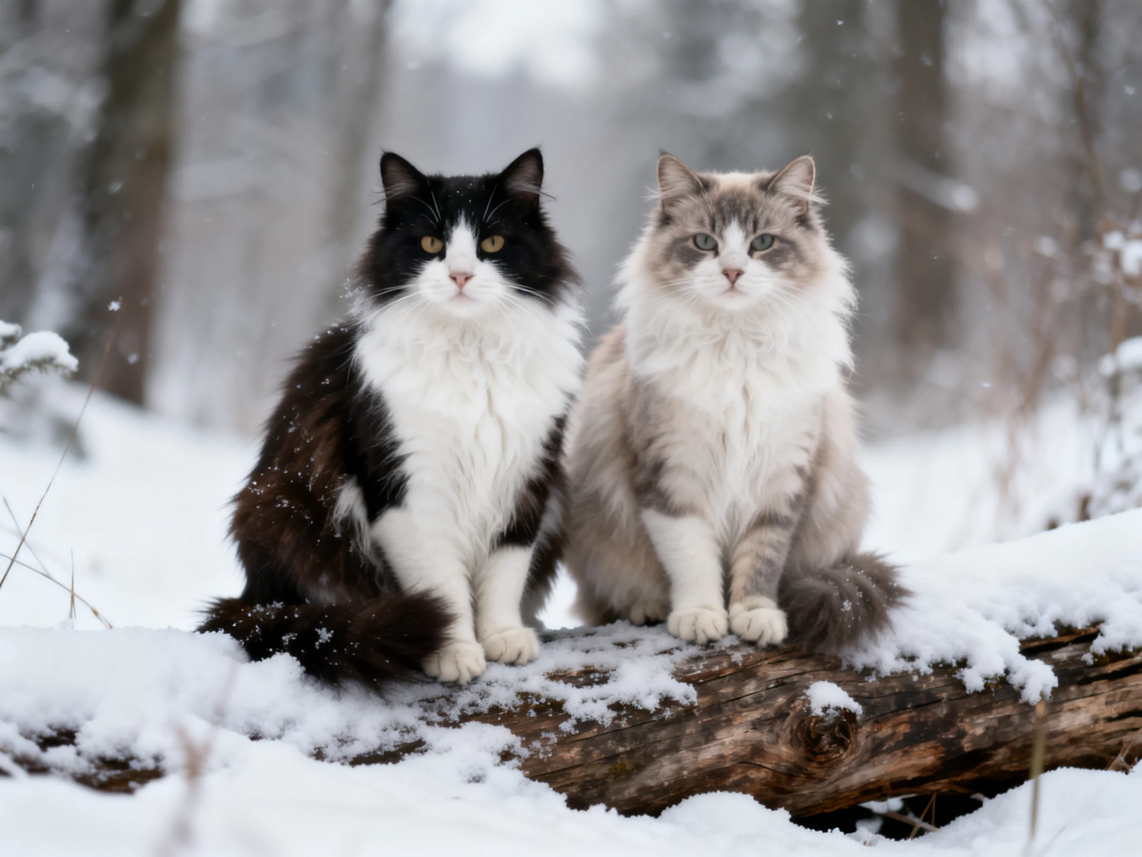 Two cats sit on a snow - covered log in a wintry setting.