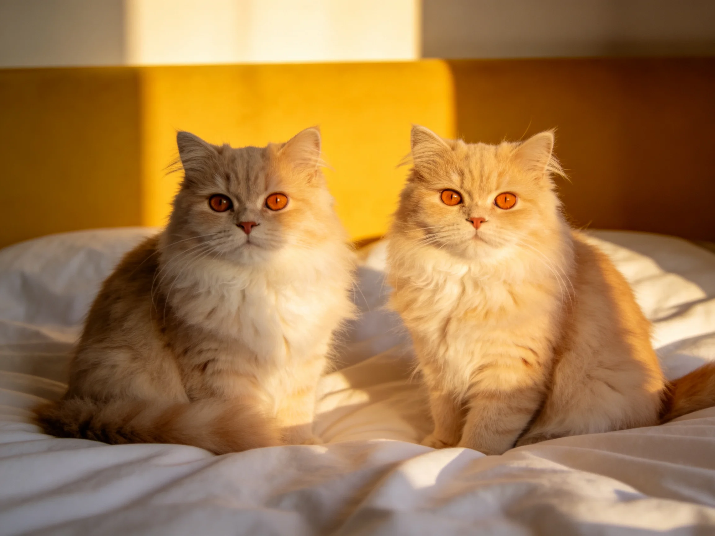Two fluffy cats sit calmly on a white bed in warm sunlight.