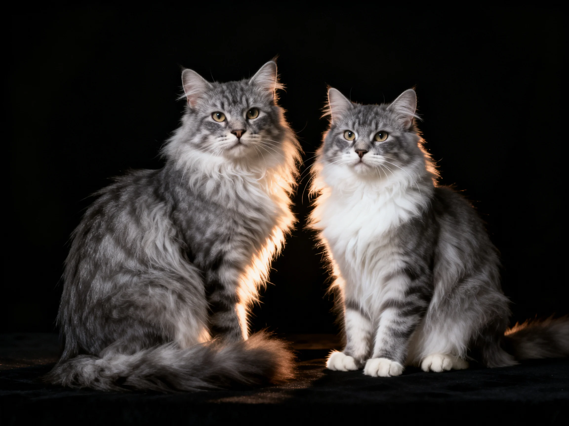 Two fluffy gray long-haired cats with white chests sit under warm lighting