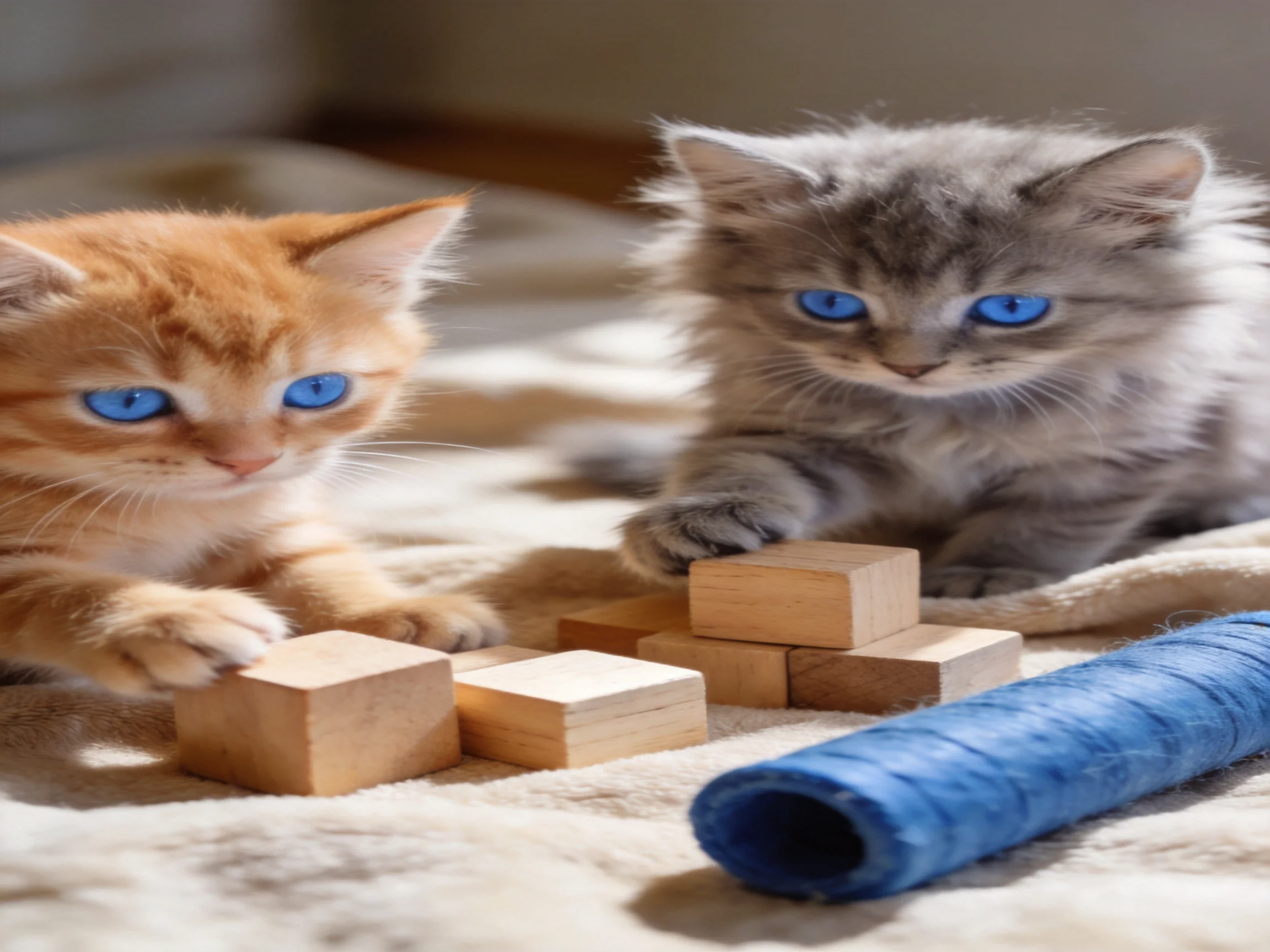 Two fluffy kittens with blue eyes play near wooden blocks on a soft blanket