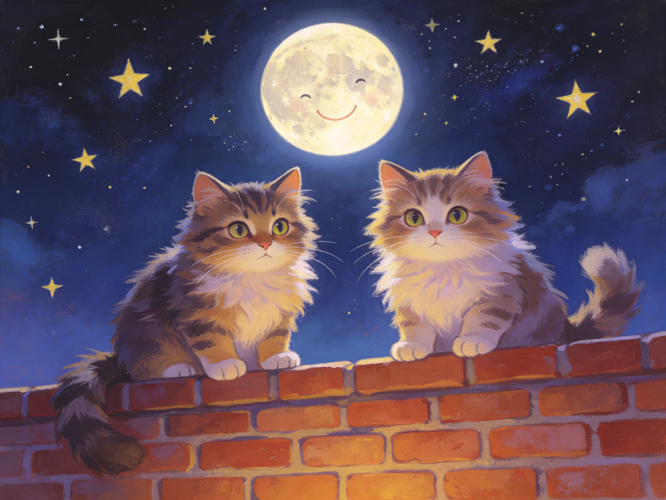 Two fluffy tabby cats sit on a red brick wall near a smiling moon in the night sky.