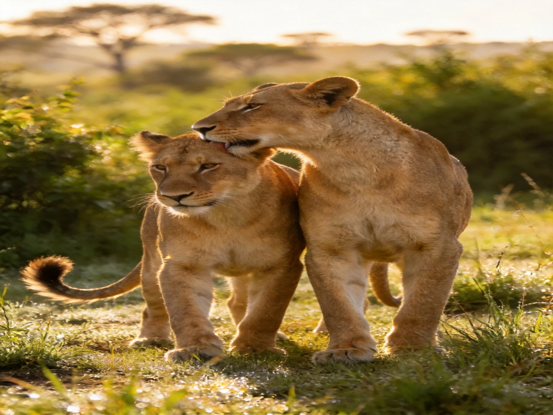 Two golden lion cubs nuzzling in a sunlit savannah