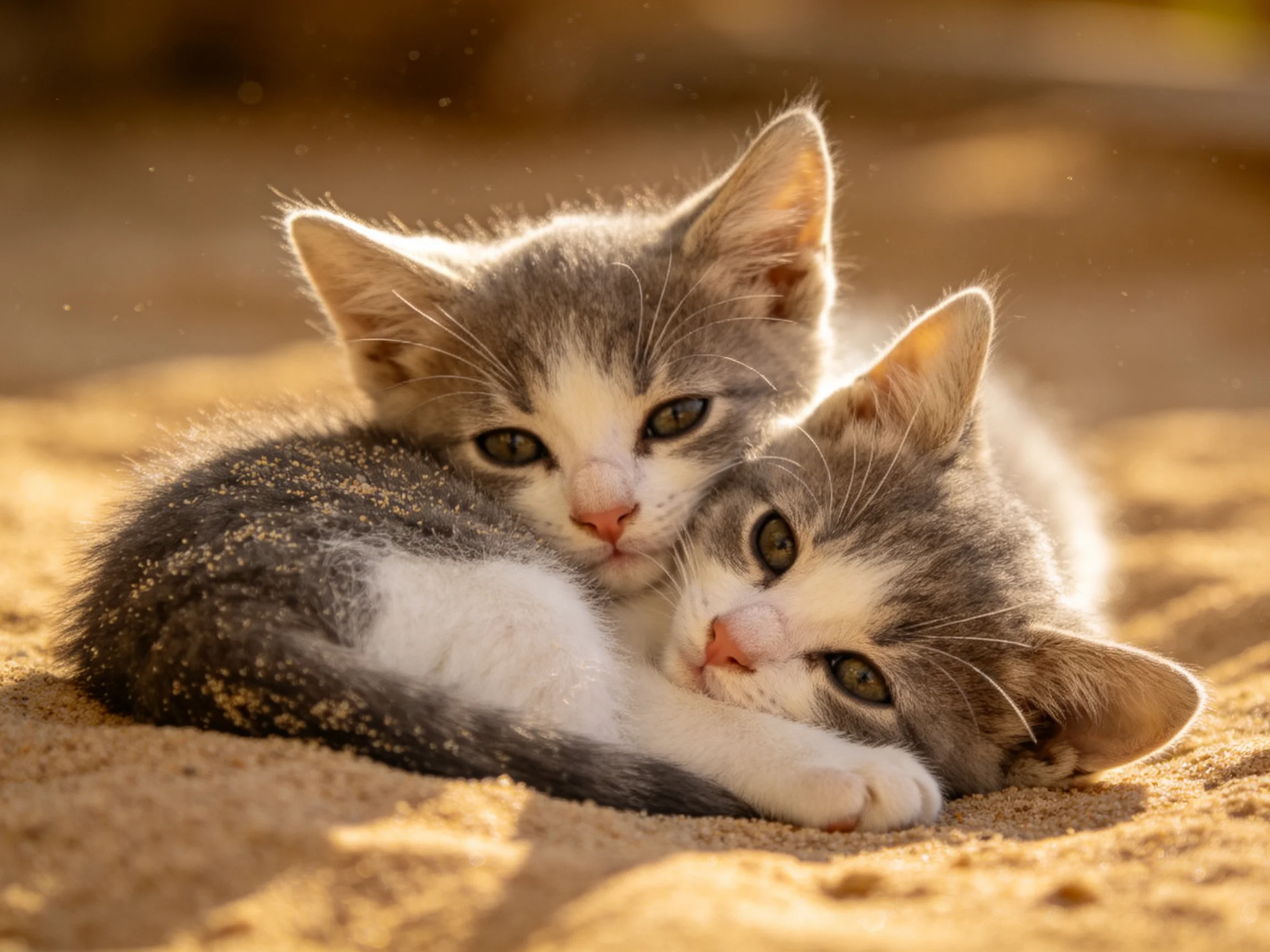 Two gray-and-white kittens cuddle on sandy ground in warm sunlight