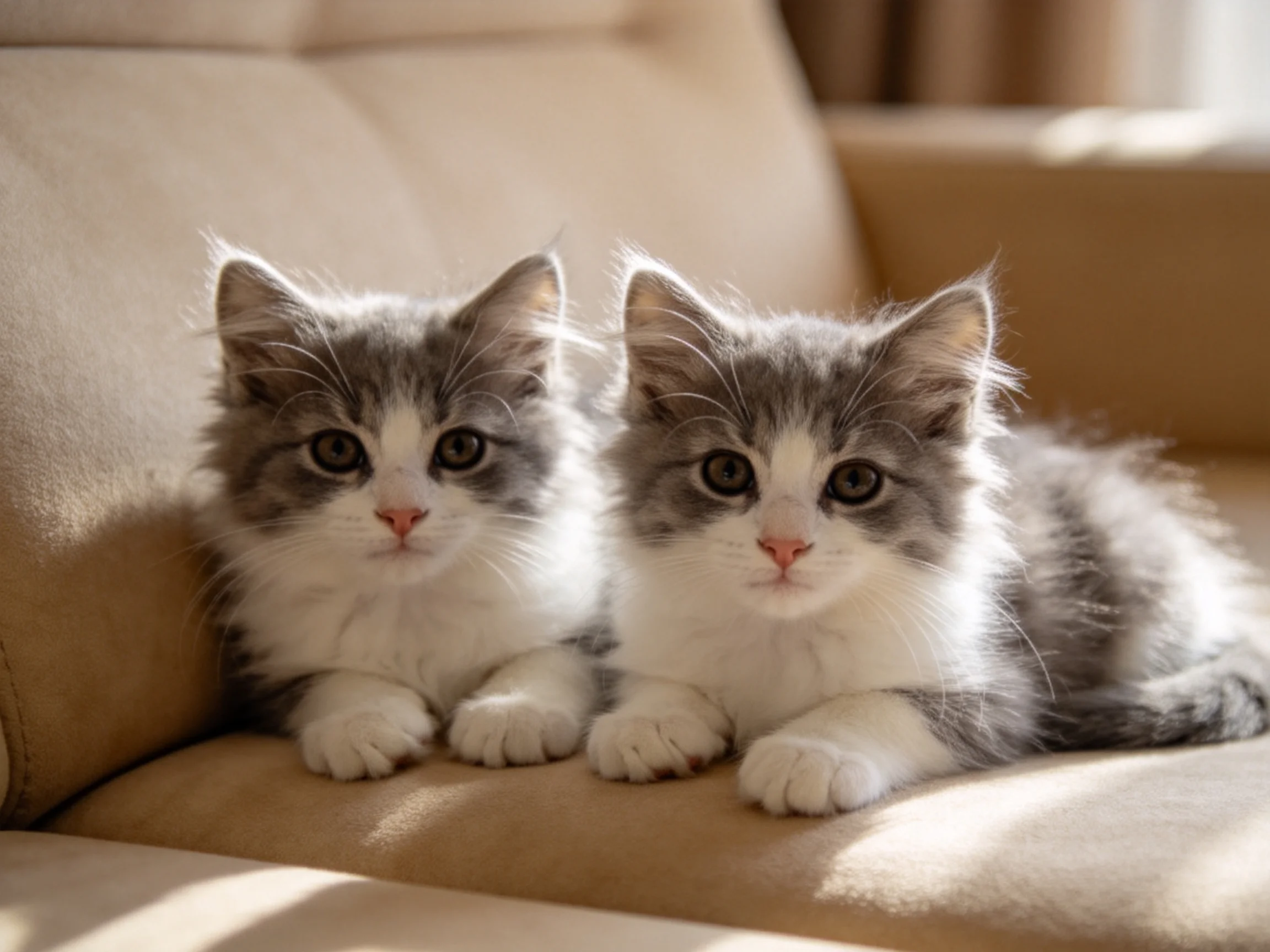 Two gray-and-white kittens rest on a beige sofa in soft sunlight