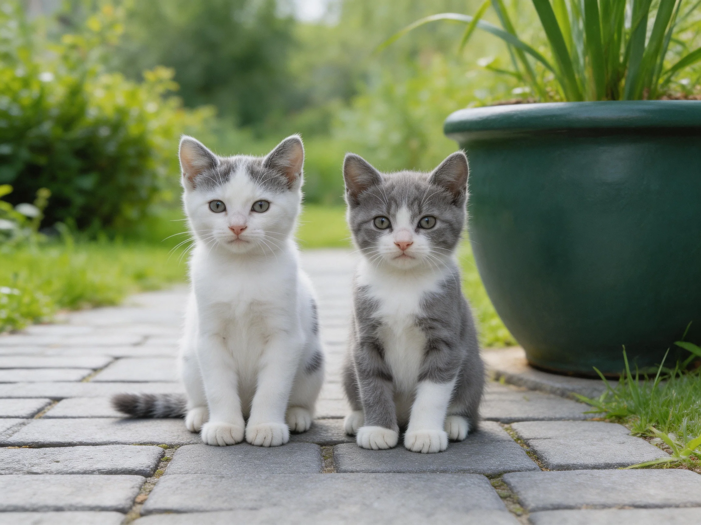 Two gray and white kittens sit on a stone path beside a large green planter