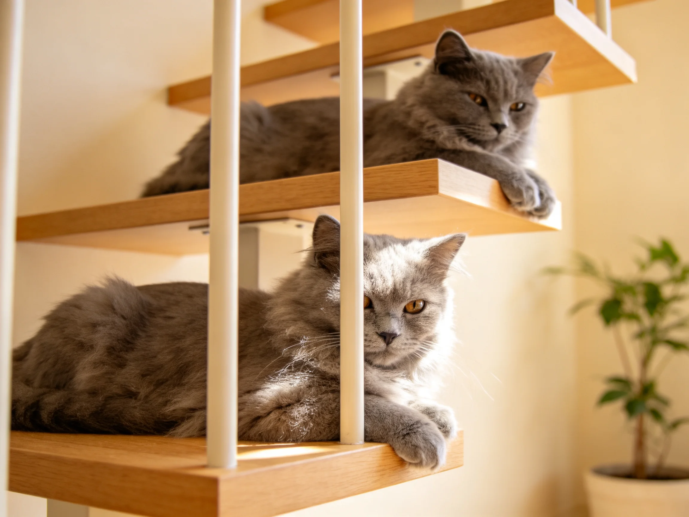 Two gray cats relax on wooden shelves in a sunlit room.