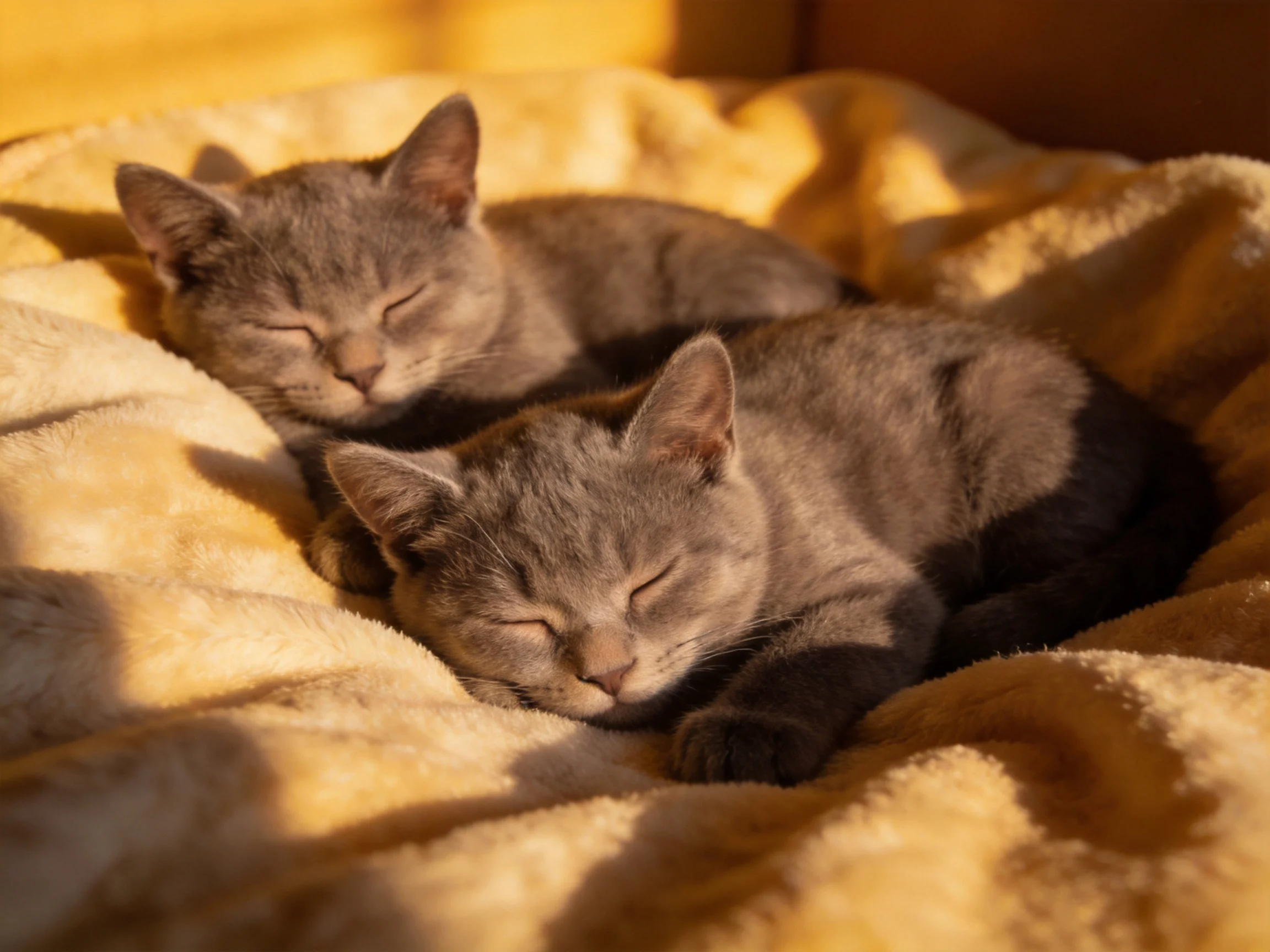 Two gray kittens napping on a soft yellow blanket bathed in golden sunlight