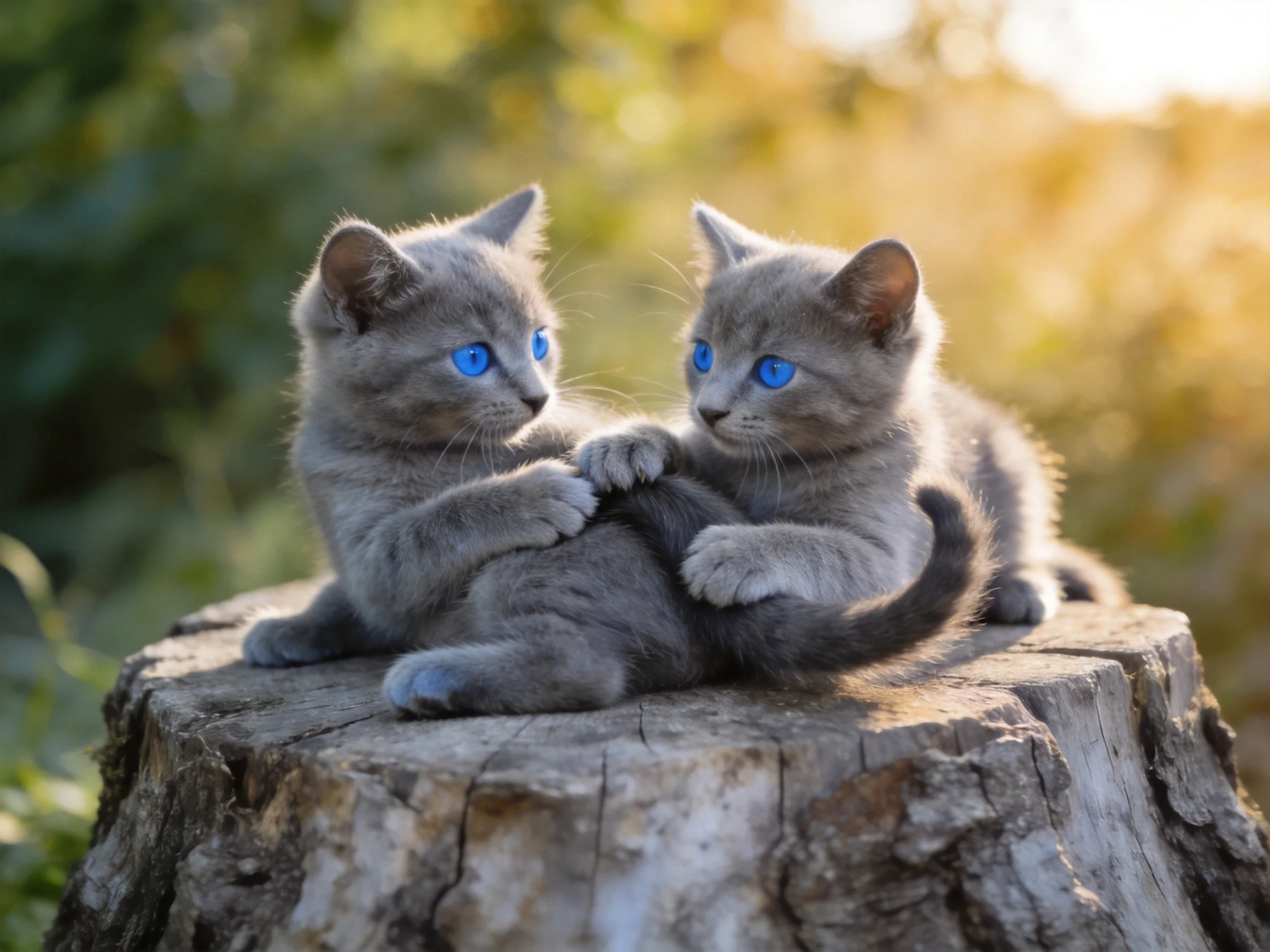 Two gray kittens with blue eyes play on a tree stump