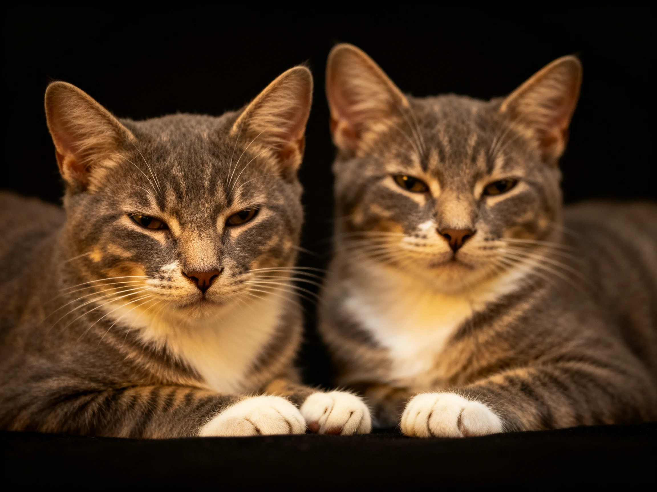 Two gray tabby cats rest side by side on a dark surface
