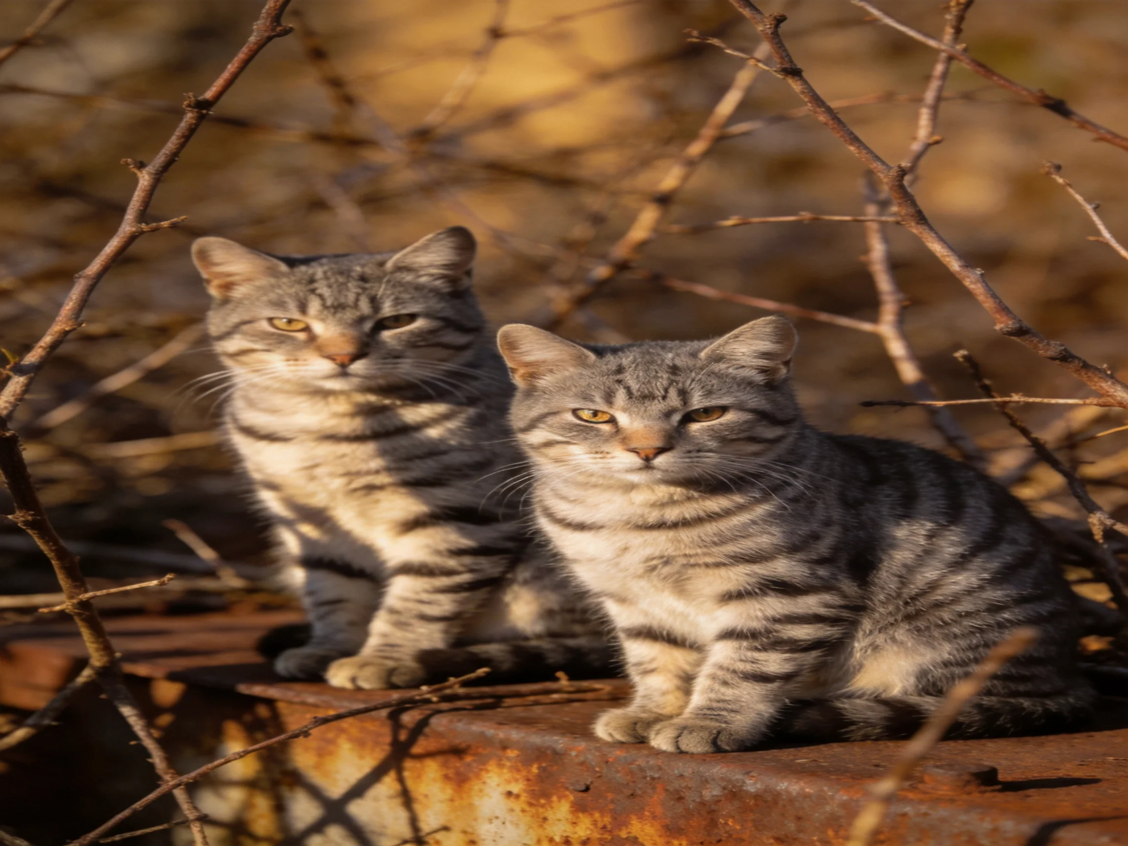 Two gray tabby cats sit on rusted metal amid dry branches